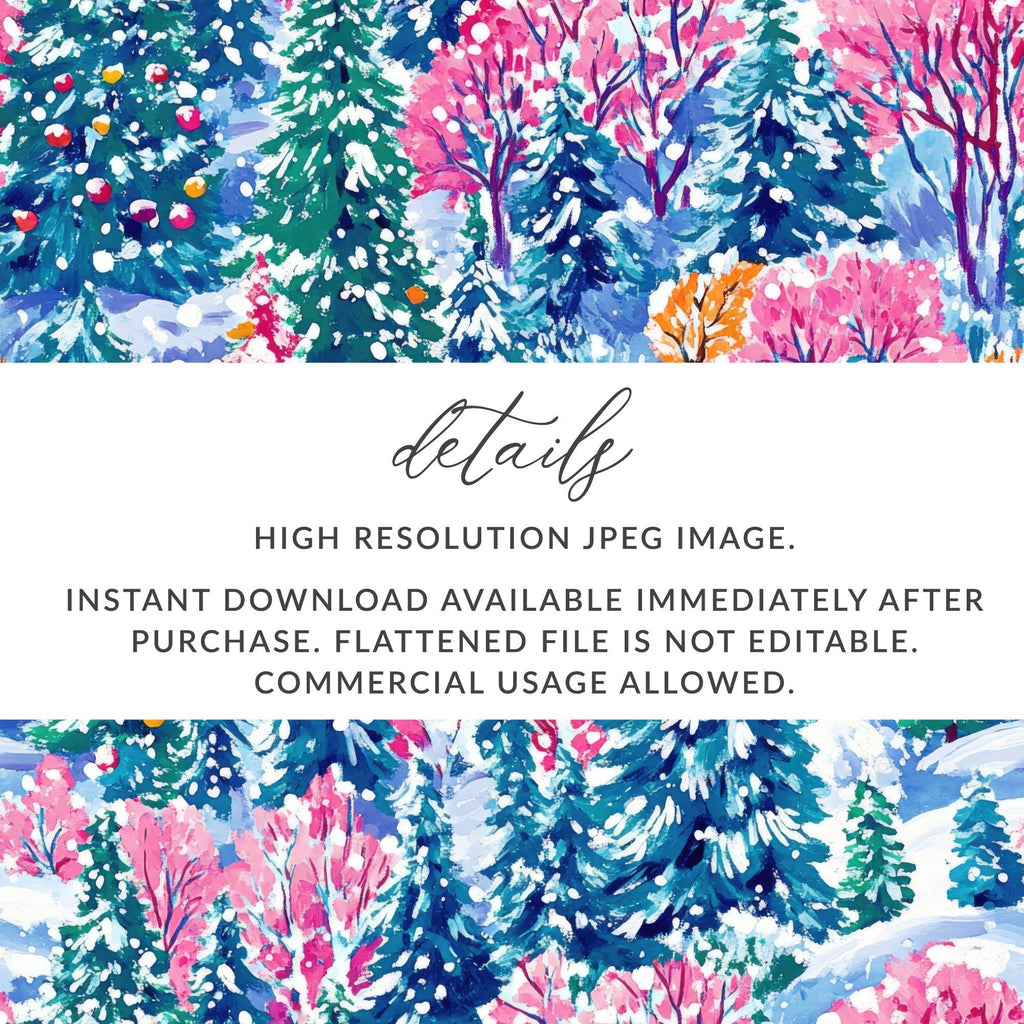 Winter Forest Digital Paper, Blue Pink Christmas Tree Pattern, Holiday Seamless Pattern, Painterly Snowy Landscape for Fabric, Scrapbooking - Moore and Mountain