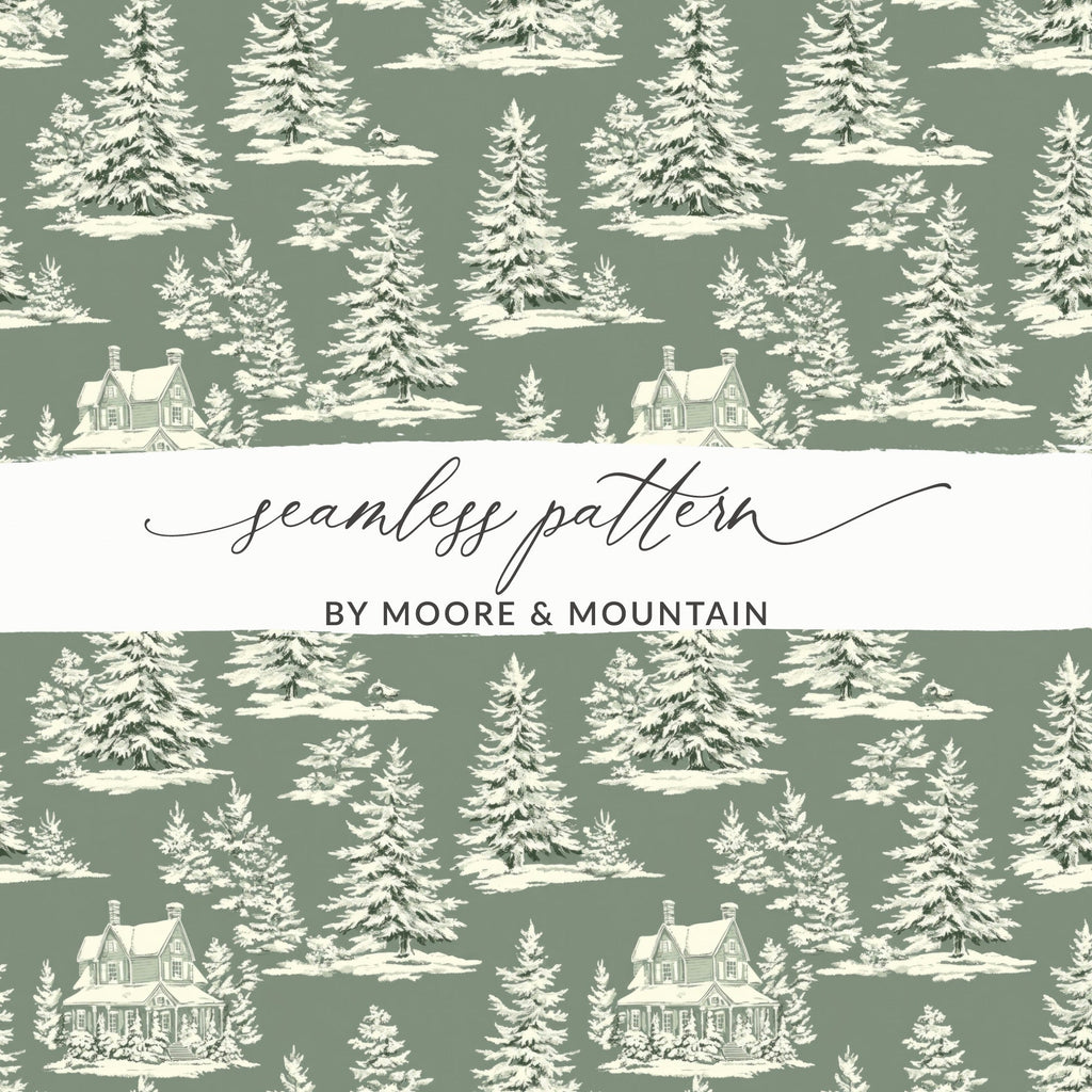 Winter Forest Digital Paper, Snowy House Seamless Pattern, Christmas Tree Digital Download, Holiday Scrapbook Paper, JPEG File, Repeat - Moore and Mountain