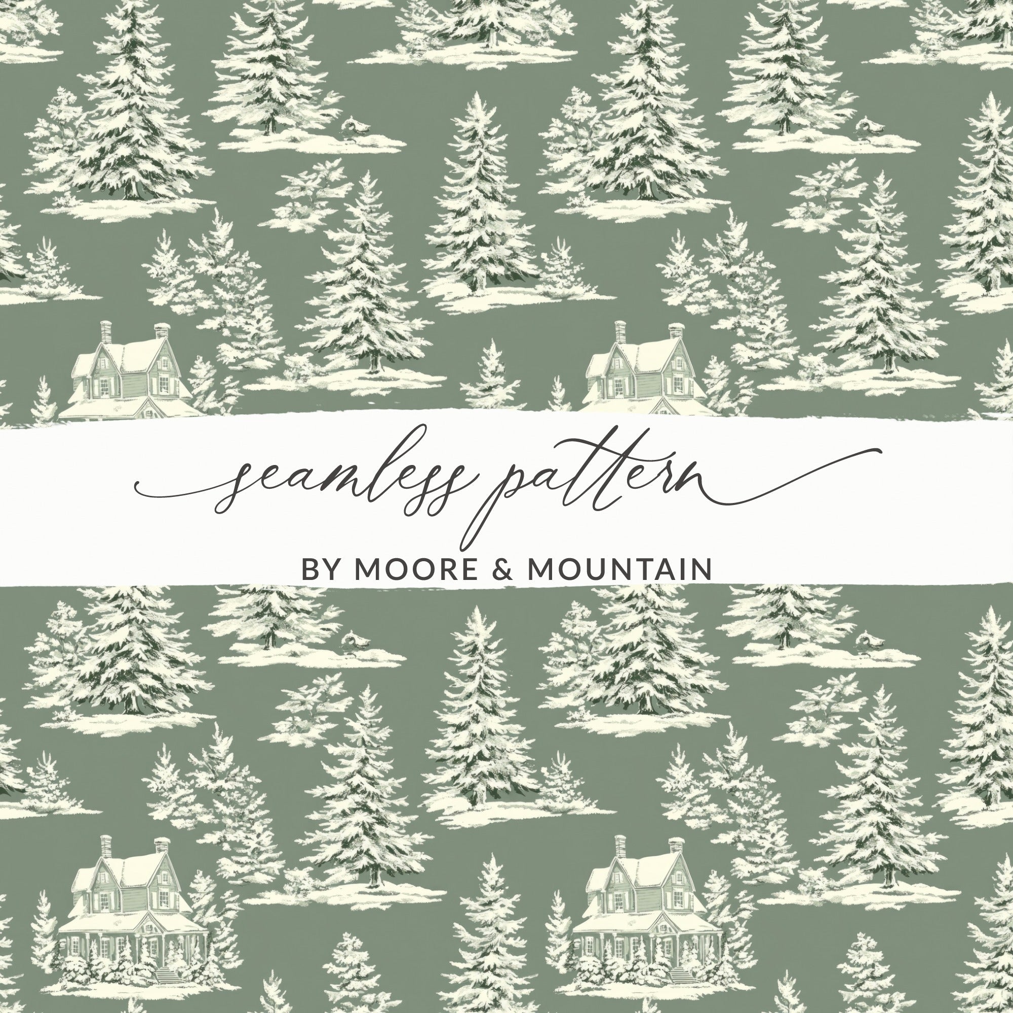 Winter Forest Digital Paper, Snowy House Seamless Pattern, Christmas Tree Digital Download, Holiday Scrapbook Paper, JPEG File, Repeat - Moore and Mountain