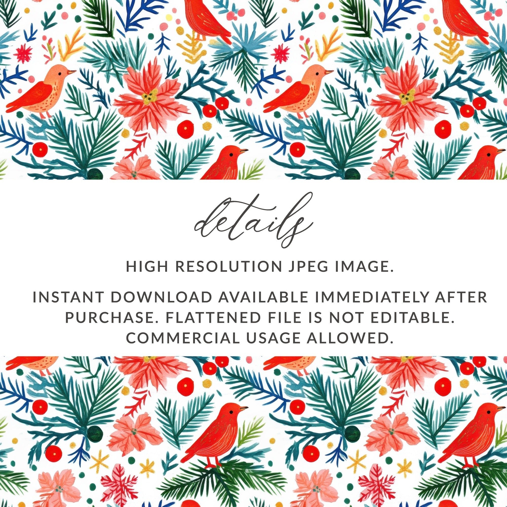 Winter Garden Birds Pine Branches Floral Pattern Digital - Moore and Mountain