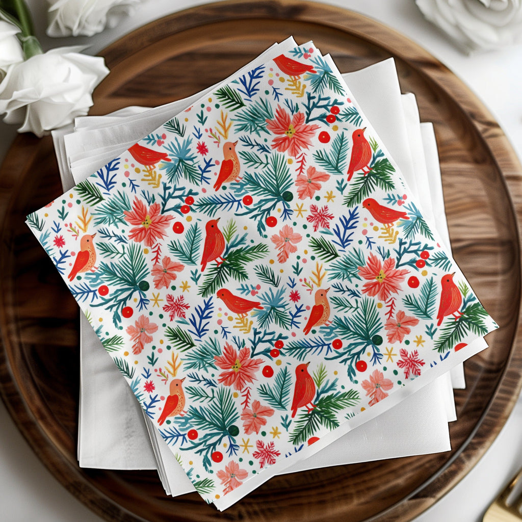 Winter Garden Birds Pine Branches Floral Pattern Digital - Moore and Mountain