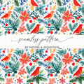 Winter Garden Birds Pine Branches Floral Pattern Digital - Moore and Mountain