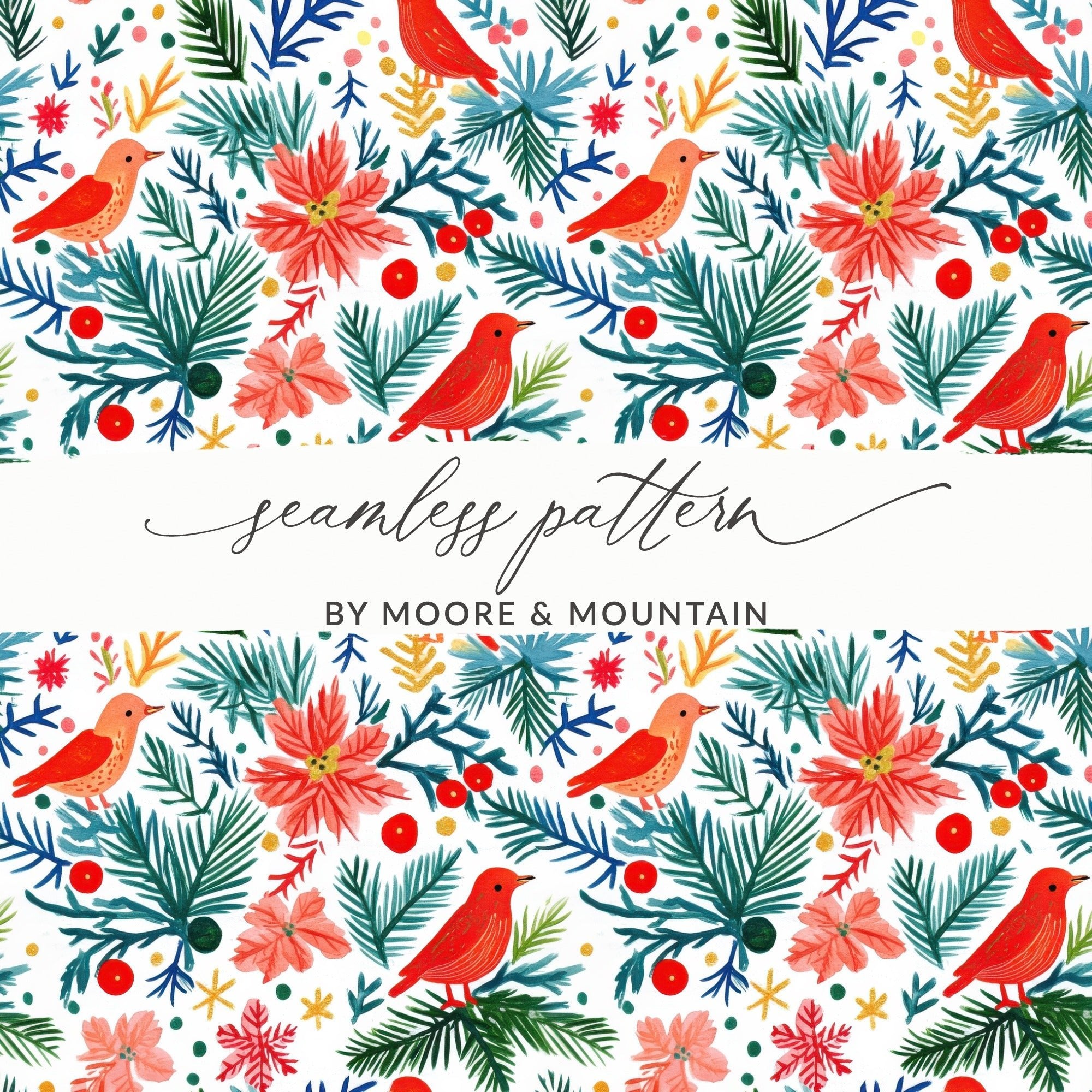 Winter Garden Birds Pine Branches Floral Pattern Digital - Moore and Mountain
