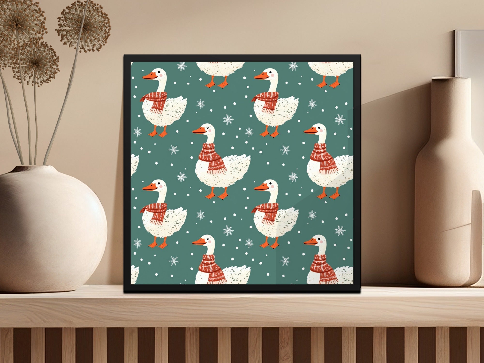 Winter Goose Digital Paper, Seamless Pattern, Snowy Teal Background, Cute Animal Print, Cozy Scarf Design, Digital Download - Moore and Mountain