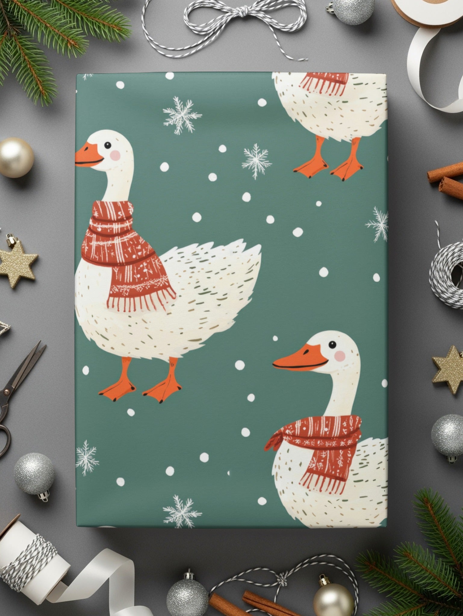 Winter Goose Digital Paper, Seamless Pattern, Snowy Teal Background, Cute Animal Print, Cozy Scarf Design, Digital Download - Moore and Mountain