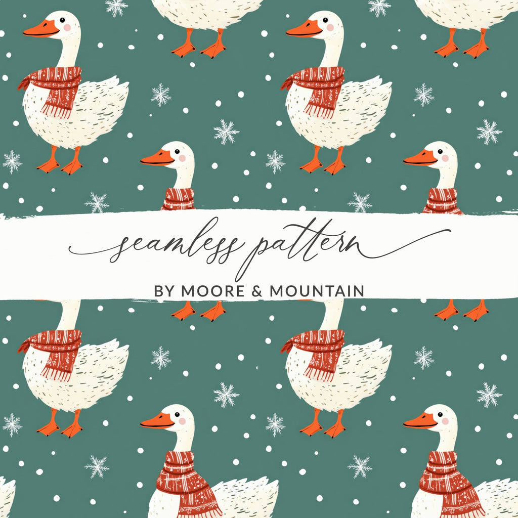 Winter Goose Digital Paper, Seamless Pattern, Snowy Teal Background, Cute Animal Print, Cozy Scarf Design, Digital Download - Moore and Mountain