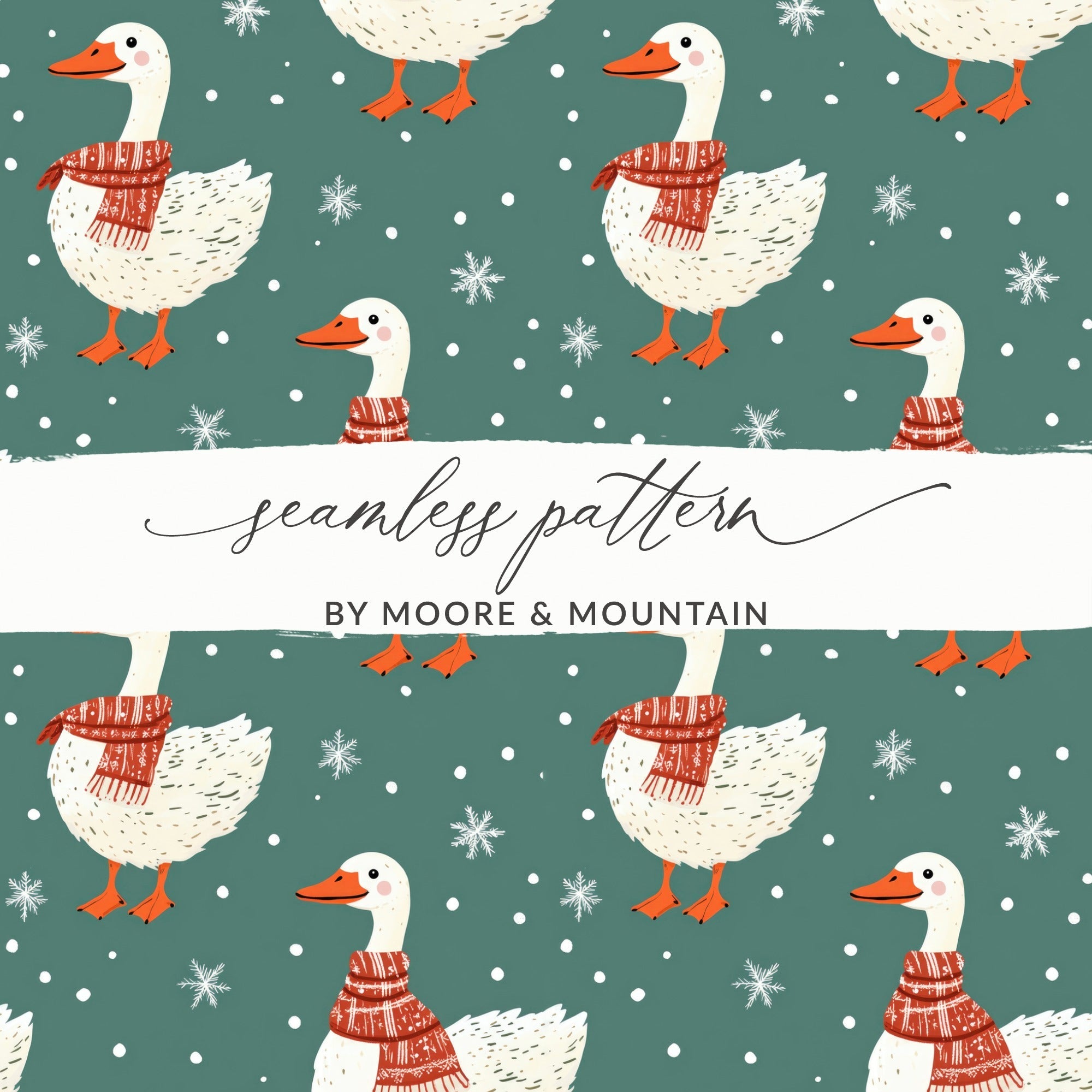 Winter Goose Digital Paper, Seamless Pattern, Snowy Teal Background, Cute Animal Print, Cozy Scarf Design, Digital Download - Moore and Mountain