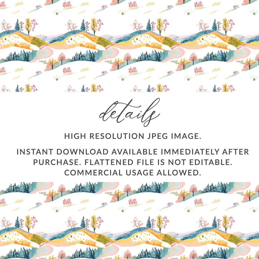 Winter Landscape Seamless Pattern, Watercolor Hillside Digital Paper, Christmas Scenery Fabric Design, Surface Pattern, Digital Download - Moore and Mountain