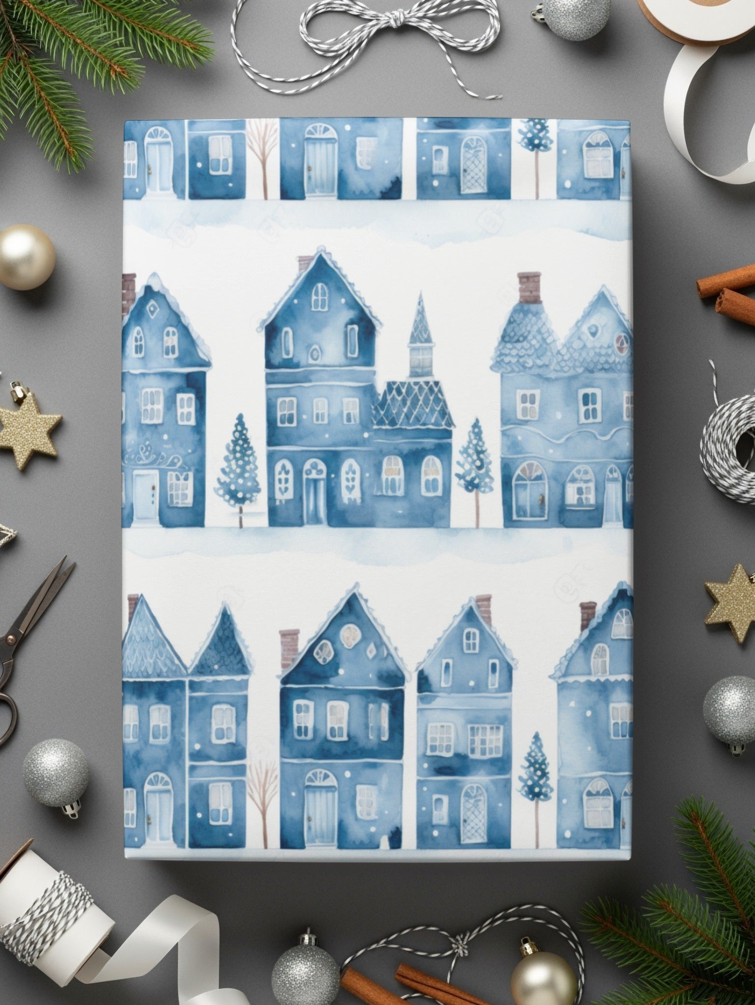 Winter Village Digital Paper, Blue House Seamless Pattern, Watercolor Christmas Town Clipart, Holiday Cottage Digital Download - Moore and Mountain