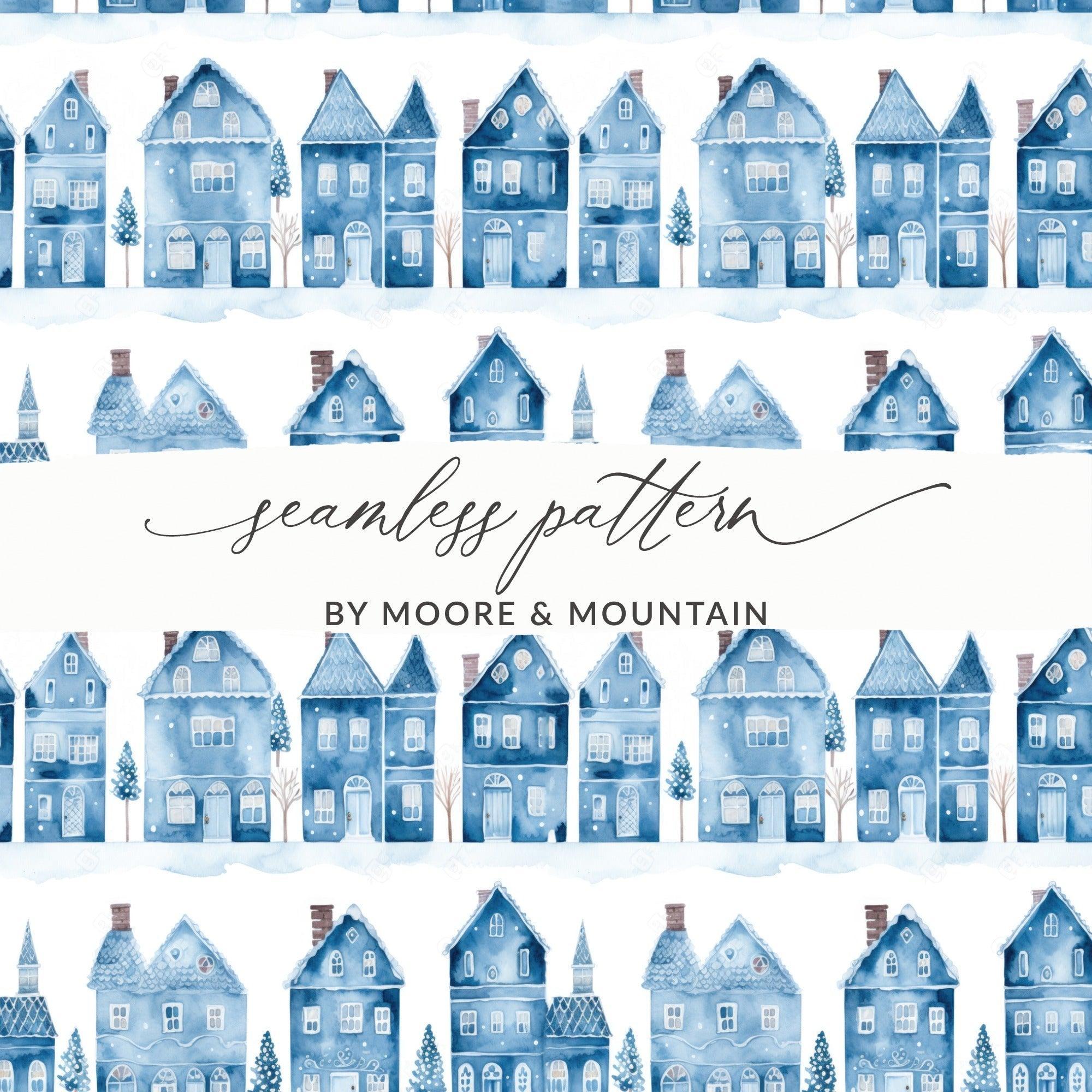 Winter Village Digital Paper, Blue House Seamless Pattern, Watercolor Christmas Town Clipart, Holiday Cottage Digital Download - Moore and Mountain