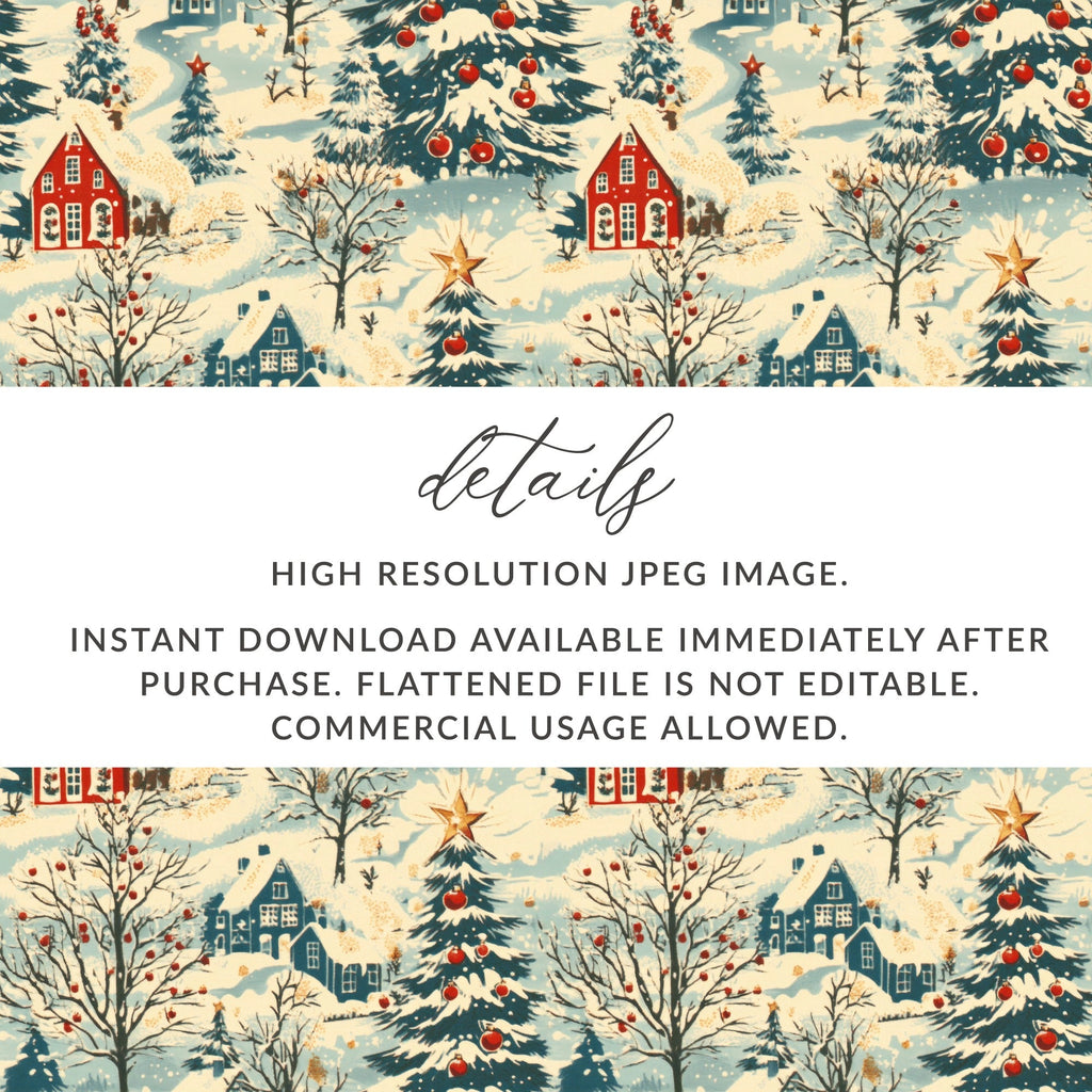 Winter Village Digital Paper, Christmas Seamless Pattern, Holiday Scene JPEG, Cozy Cottage Design, Scrapbook Paper, Printable Fabric - Moore and Mountain
