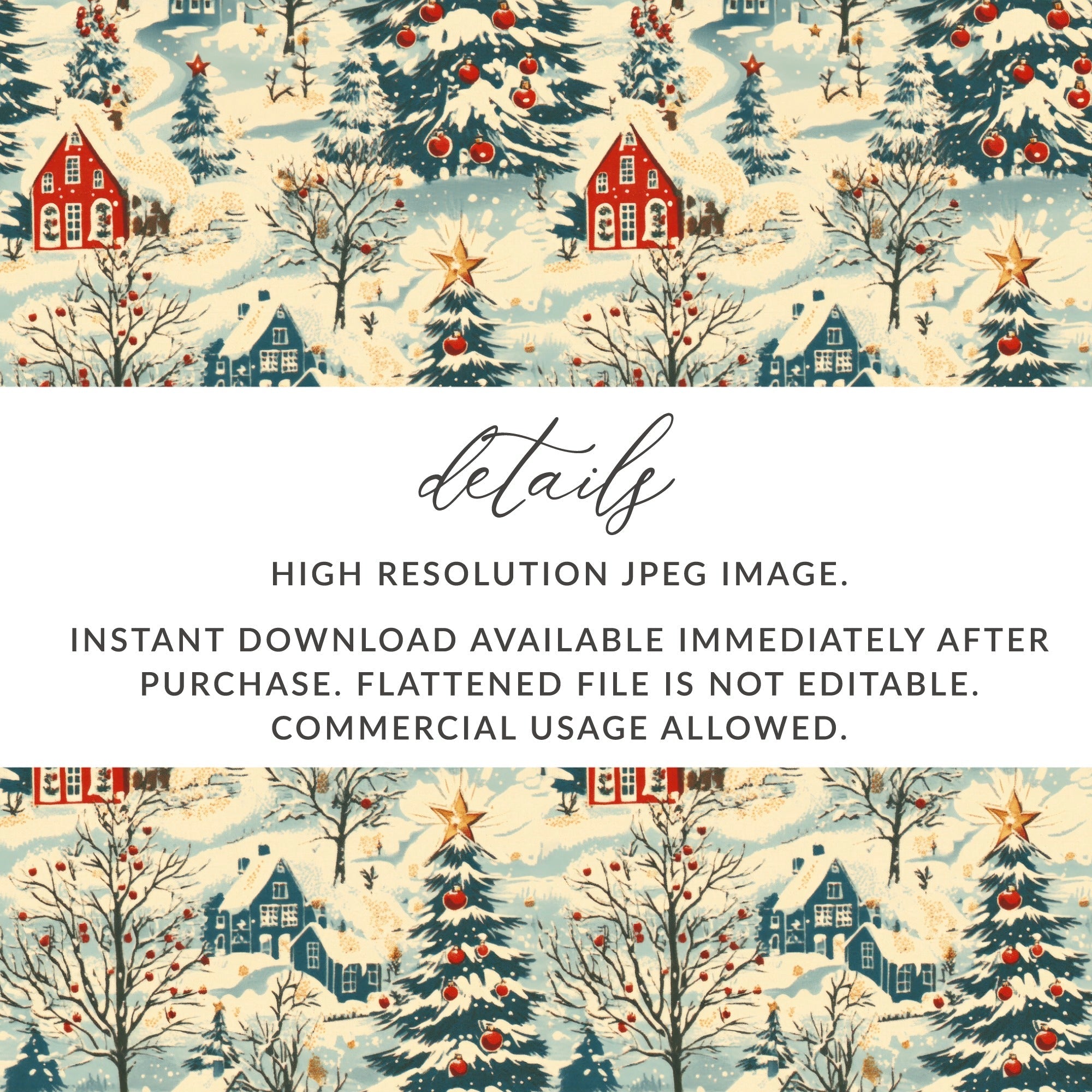 Winter Village Digital Paper, Christmas Seamless Pattern, Holiday Scene JPEG, Cozy Cottage Design, Scrapbook Paper, Printable Fabric - Moore and Mountain