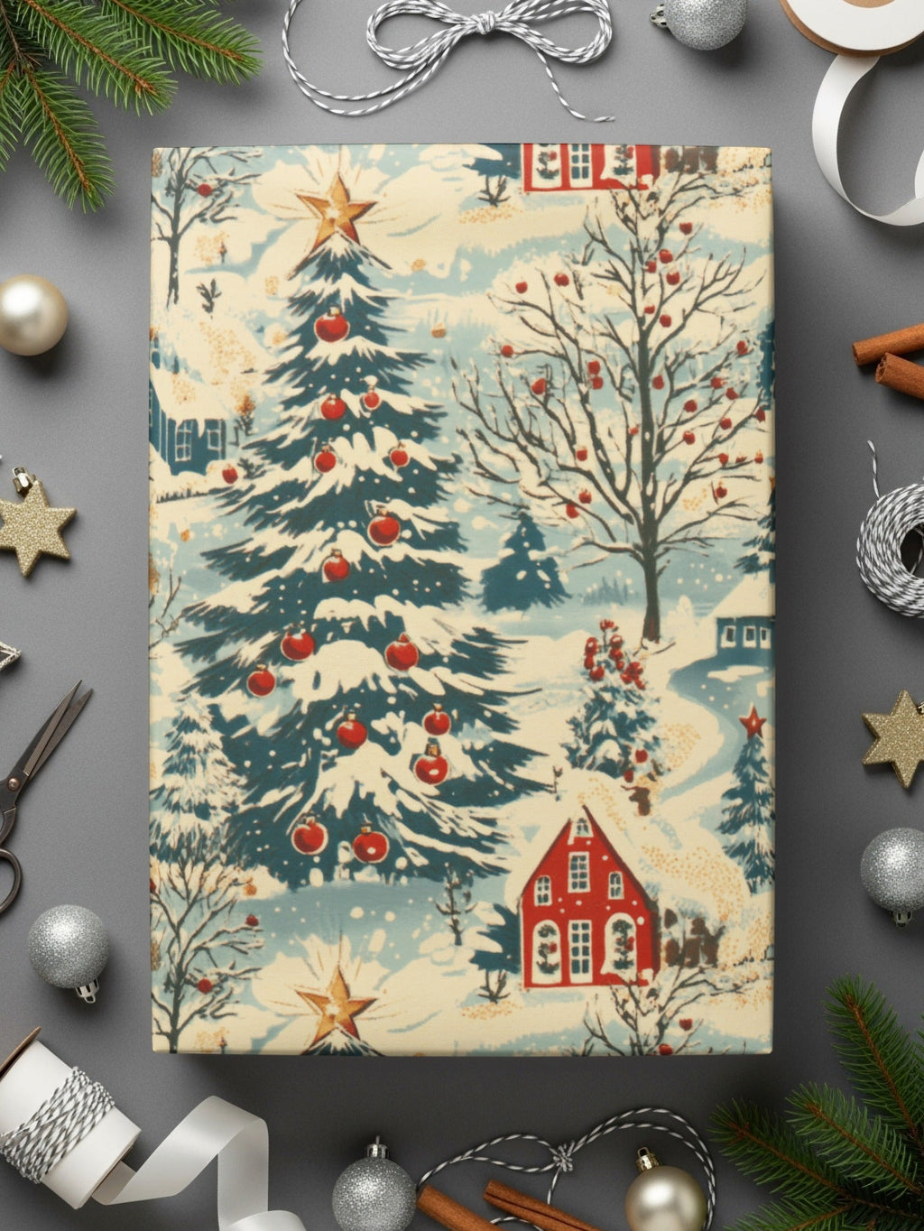 Winter Village Digital Paper, Christmas Seamless Pattern, Holiday Scene JPEG, Cozy Cottage Design, Scrapbook Paper, Printable Fabric - Moore and Mountain