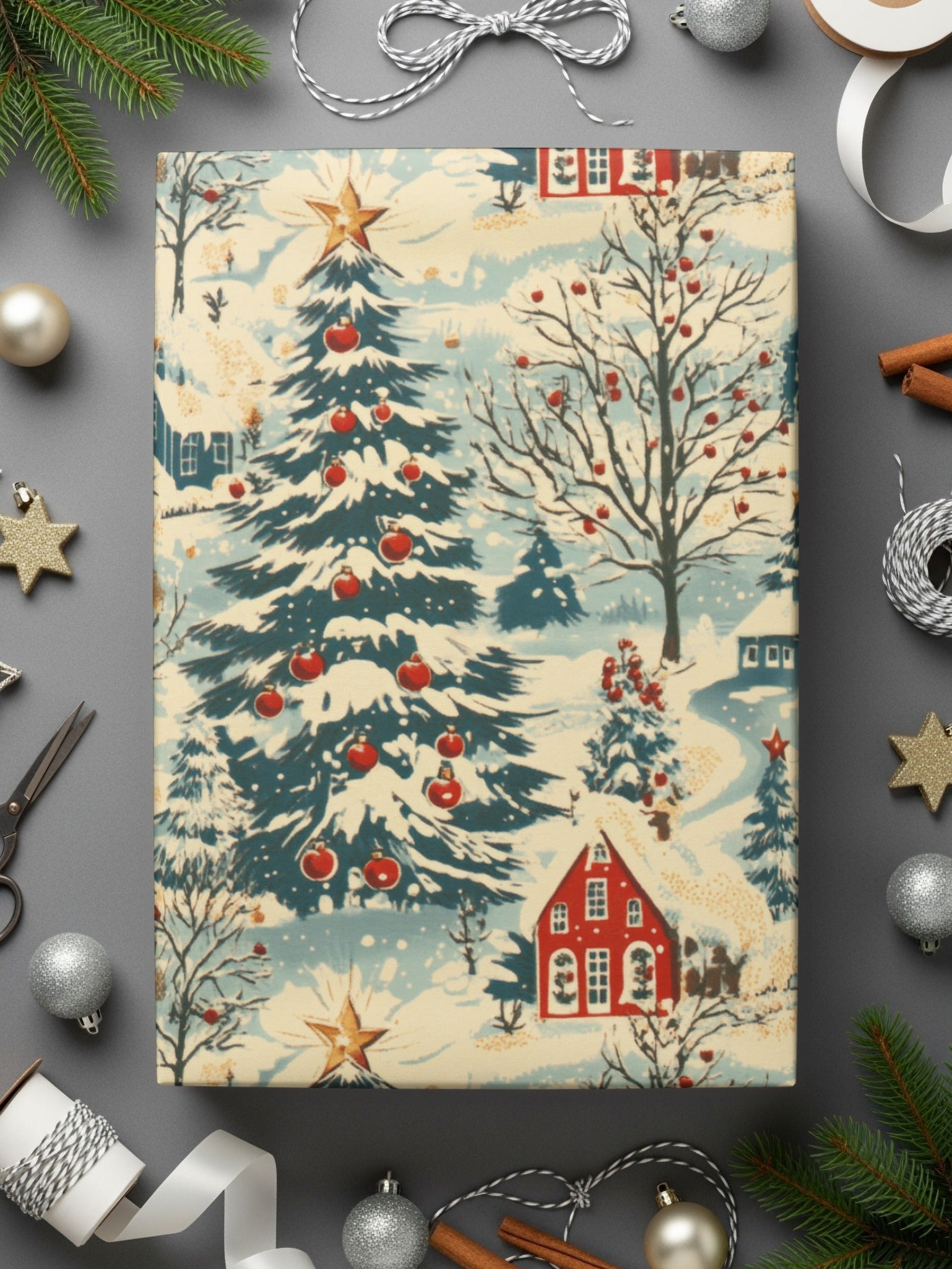 Winter Village Digital Paper, Christmas Seamless Pattern, Holiday Scene JPEG, Cozy Cottage Design, Scrapbook Paper, Printable Fabric - Moore and Mountain