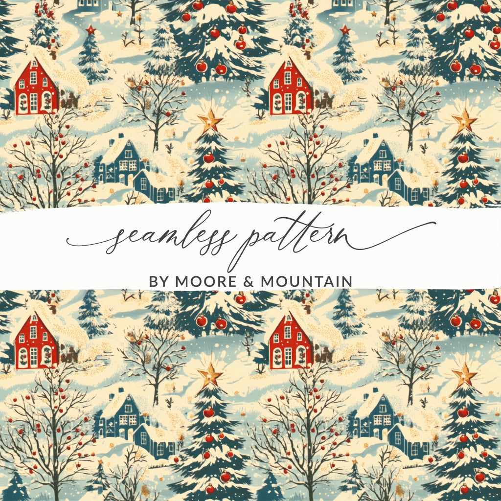 Winter Village Digital Paper, Christmas Seamless Pattern, Holiday Scene JPEG, Cozy Cottage Design, Scrapbook Paper, Printable Fabric - Moore and Mountain