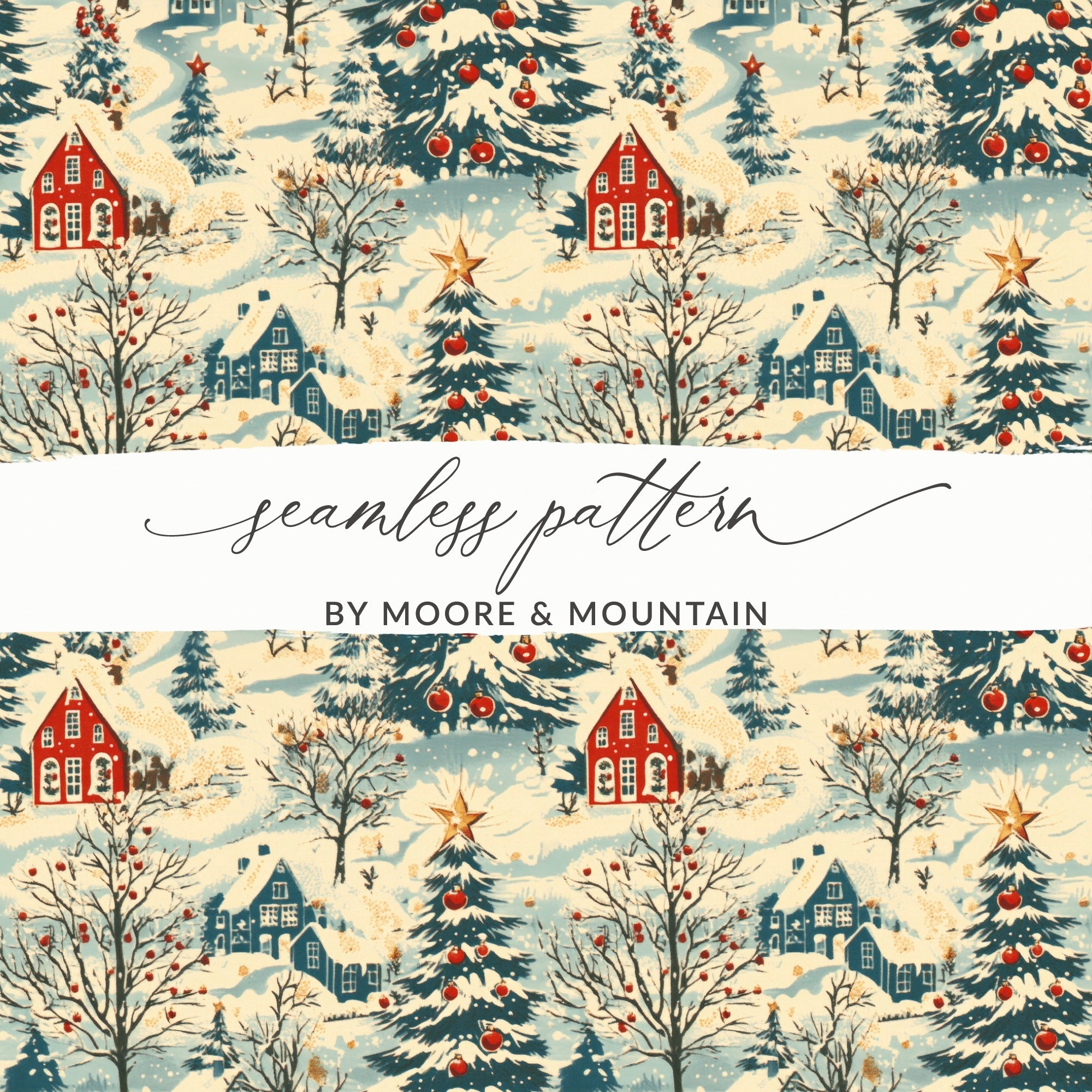 Winter Village Digital Paper, Christmas Seamless Pattern, Holiday Scene JPEG, Cozy Cottage Design, Scrapbook Paper, Printable Fabric - Moore and Mountain