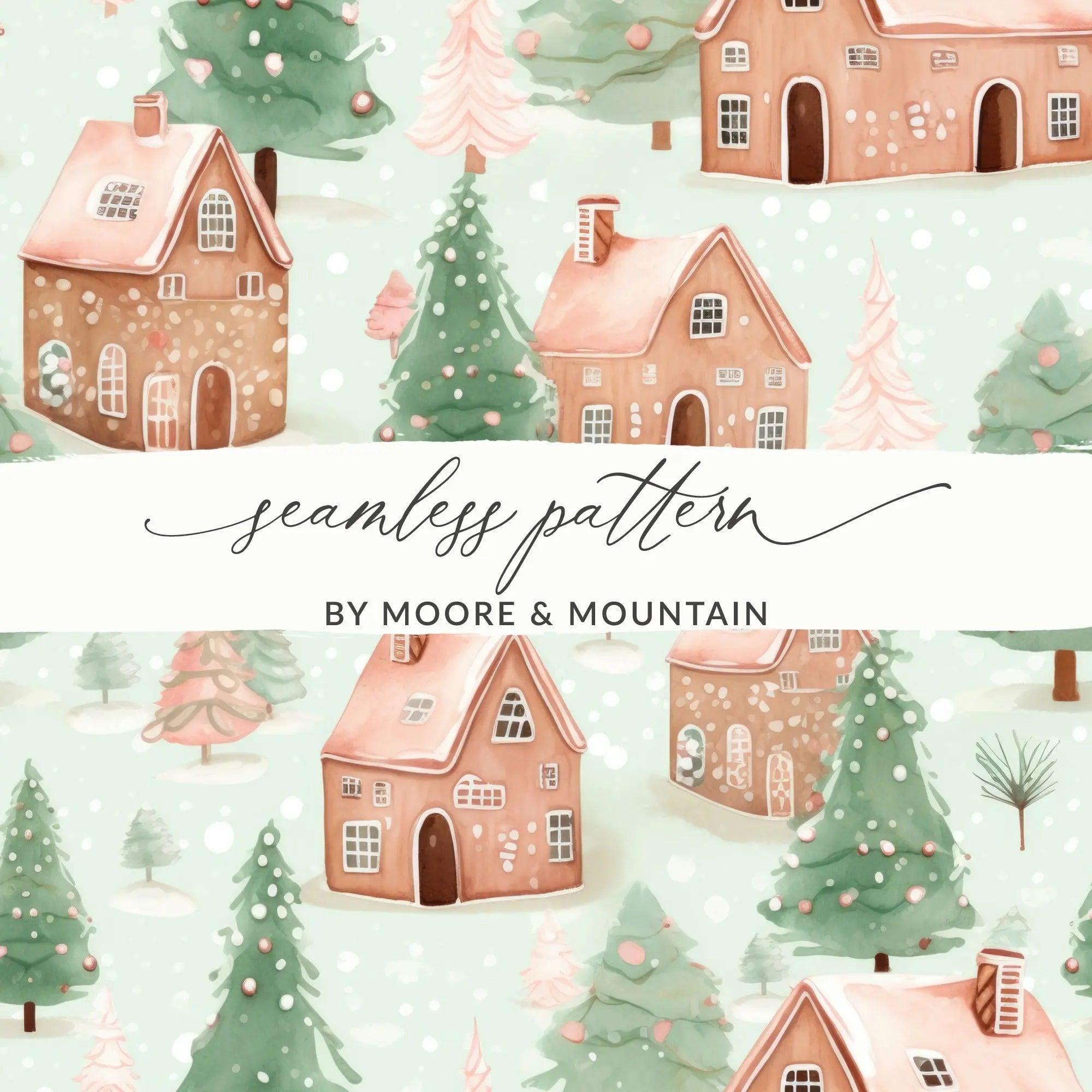 Winter Village Digital Paper, Christmas Seamless Pattern, Watercolor Gingerbread Houses, Holiday Design, Digital Download for Crafts - Moore and Mountain