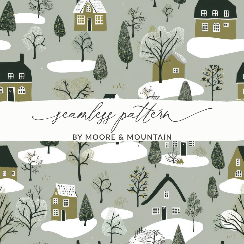 Winter Village Digital Paper, Seamless Christmas Pattern, Holiday Houses Pattern for Fabric, Cozy Town, Christmas Digital Download - Moore and Mountain