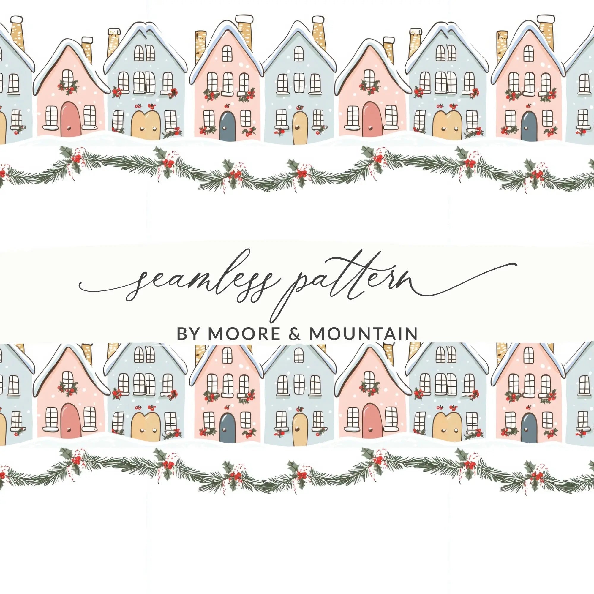 Winter Village Seamless Pattern Digital Paper, Holiday Townscape, Christmas Cottage Print, 12x12 JPEG Files, Digital Download - Moore and Mountain
