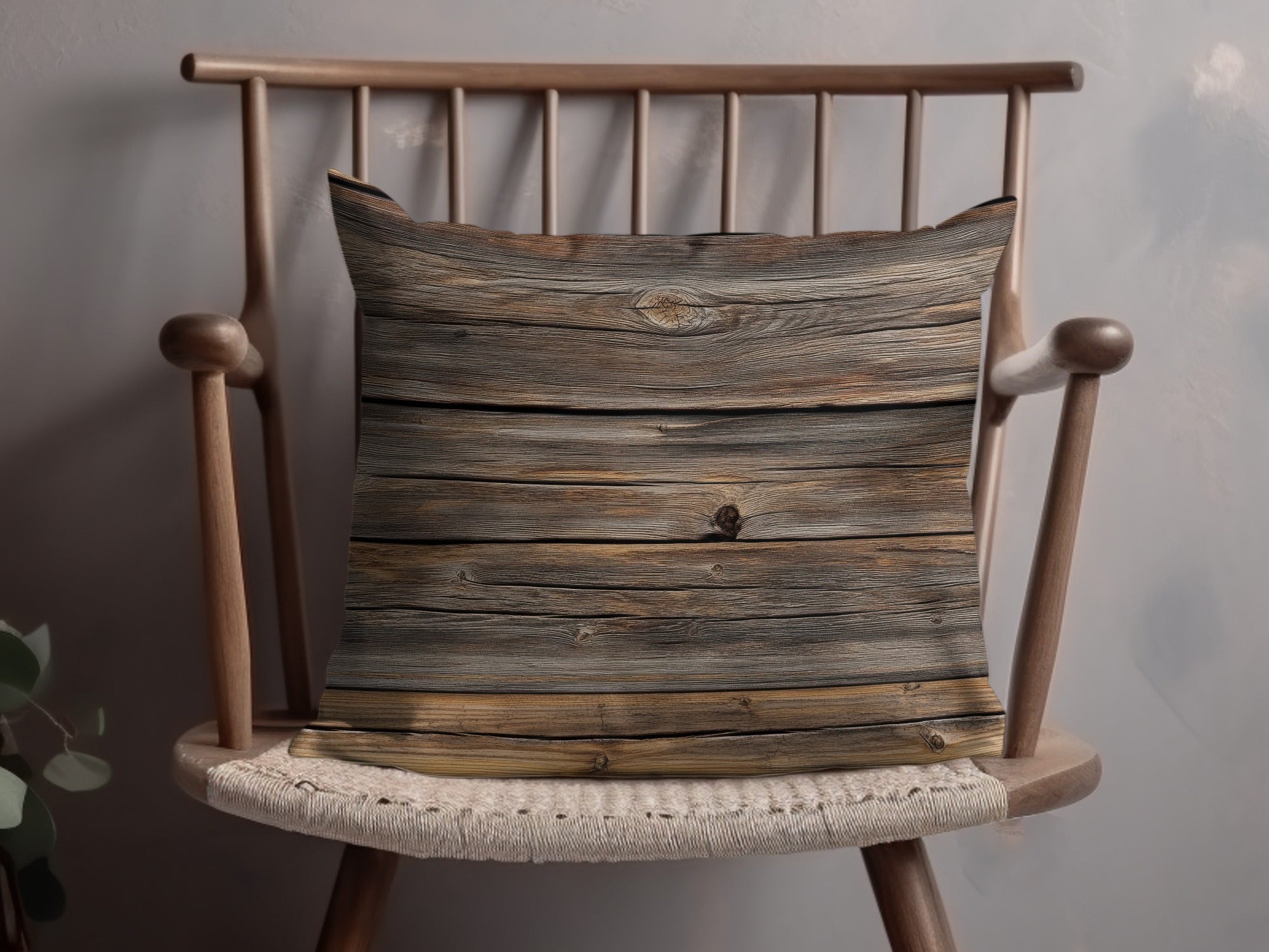 Rustic Wooden Plank Design Throw Pillow on Chair
