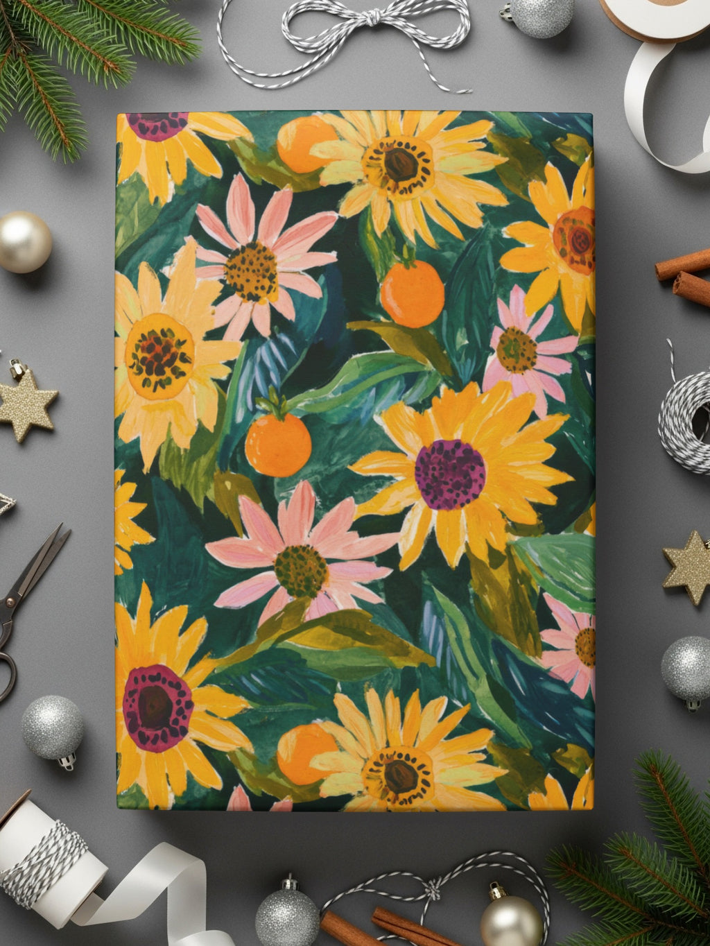 Floral and Orange Pattern Holiday Gift Wrap Paper