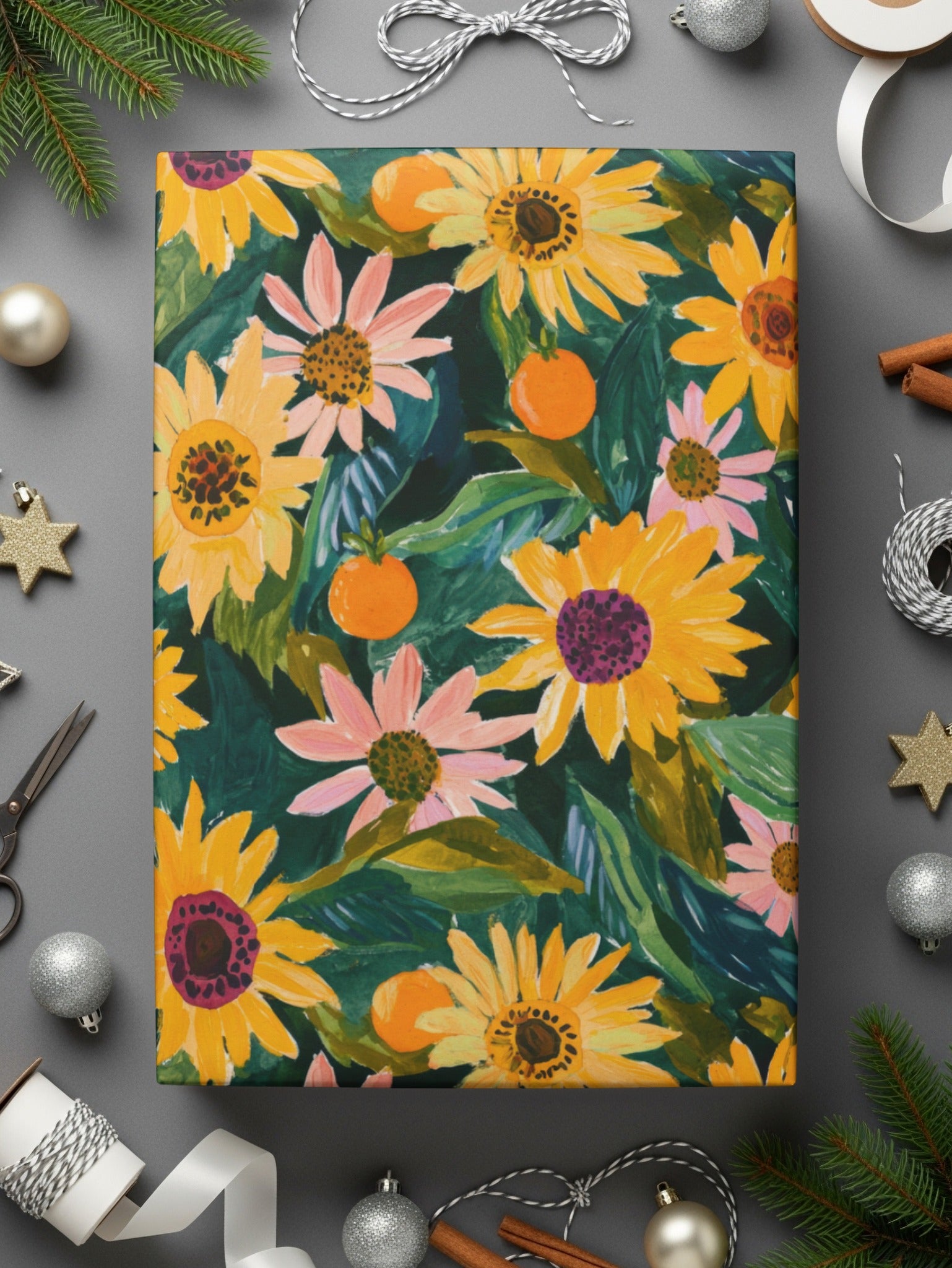 Floral and Orange Pattern Holiday Gift Wrap Paper