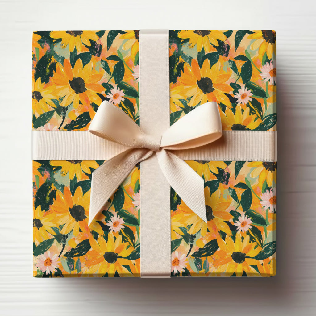 Sunflower and Daisies Floral Gift Wrap with Ribbon Decor