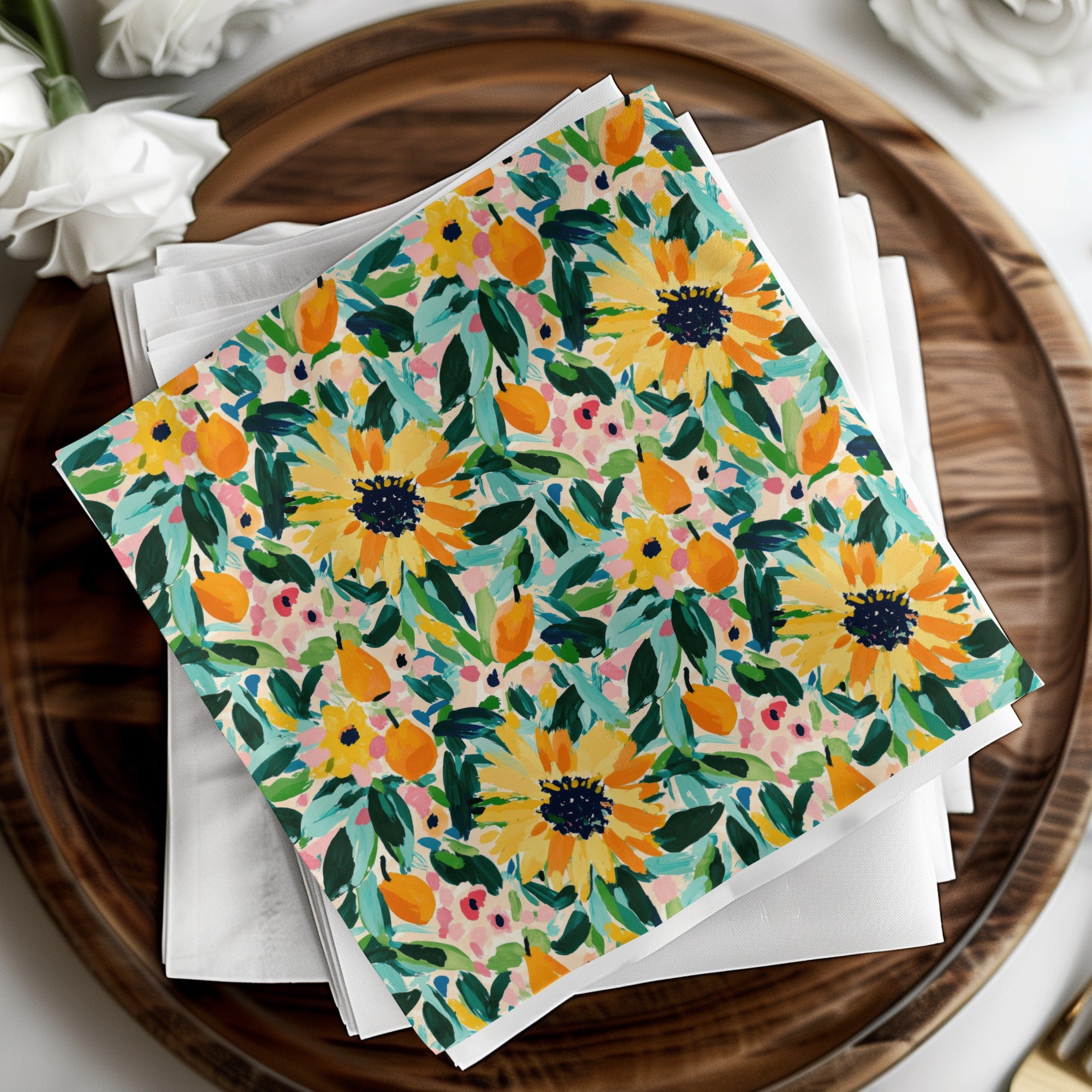 Vibrant Floral Sunflower and Leaves Design Napkin Product