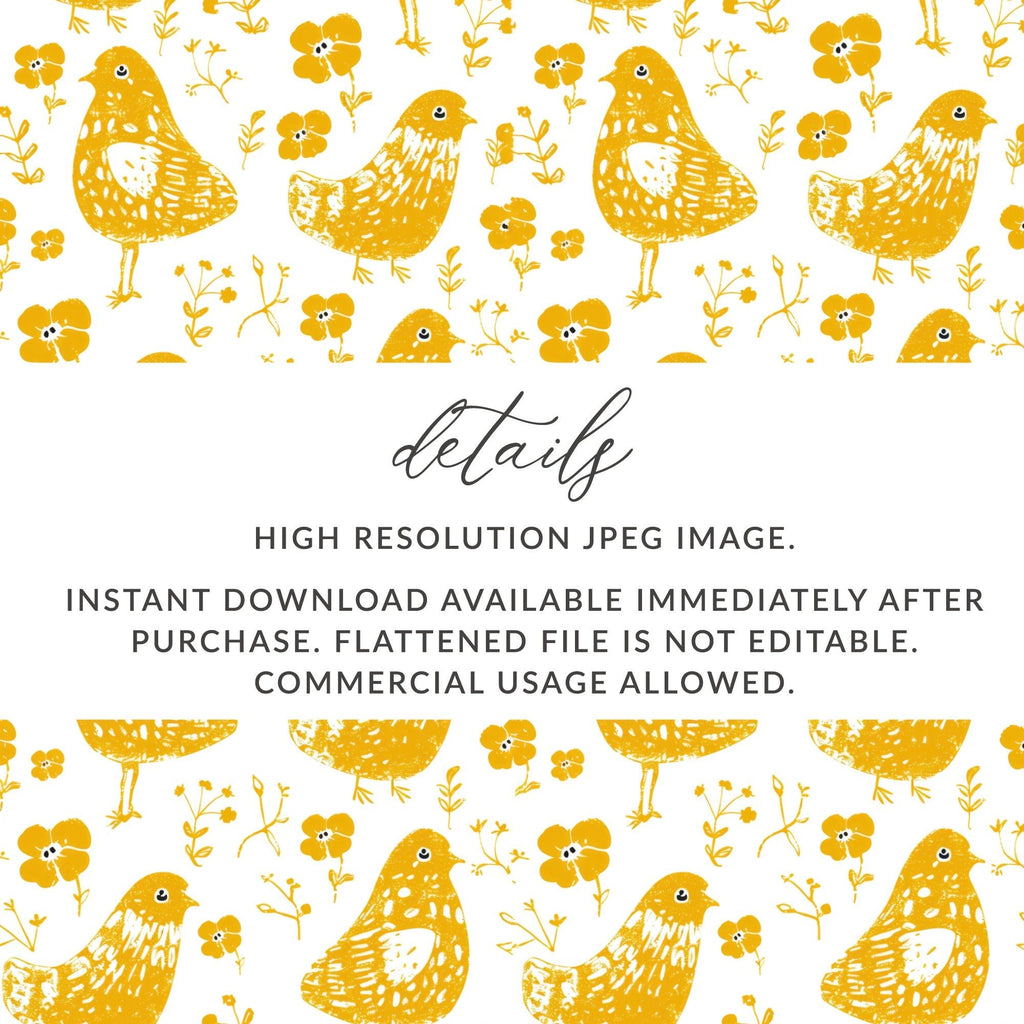 Yellow Bird Digital Paper, Floral Pattern for Spring, Cute Bird Illustration, Seamless Bird Pattern, Scrapbooking Paper, Kids Decor - Moore and Mountain
