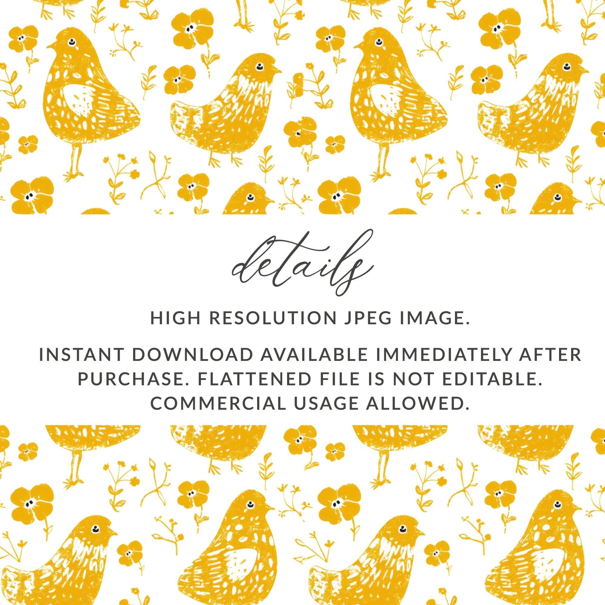 Yellow Bird Digital Paper, Floral Pattern for Spring, Cute Bird Illustration, Seamless Bird Pattern, Scrapbooking Paper, Kids Decor - Moore and Mountain