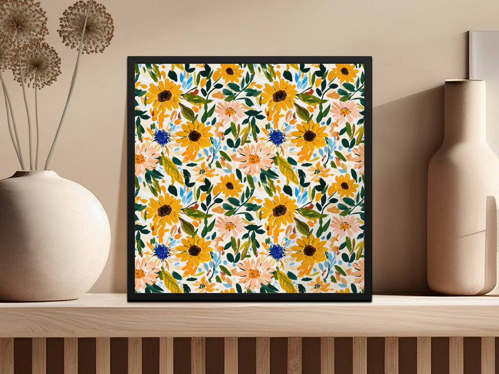 Vibrant Sunflower and Daisy Pattern Framed Wall Art