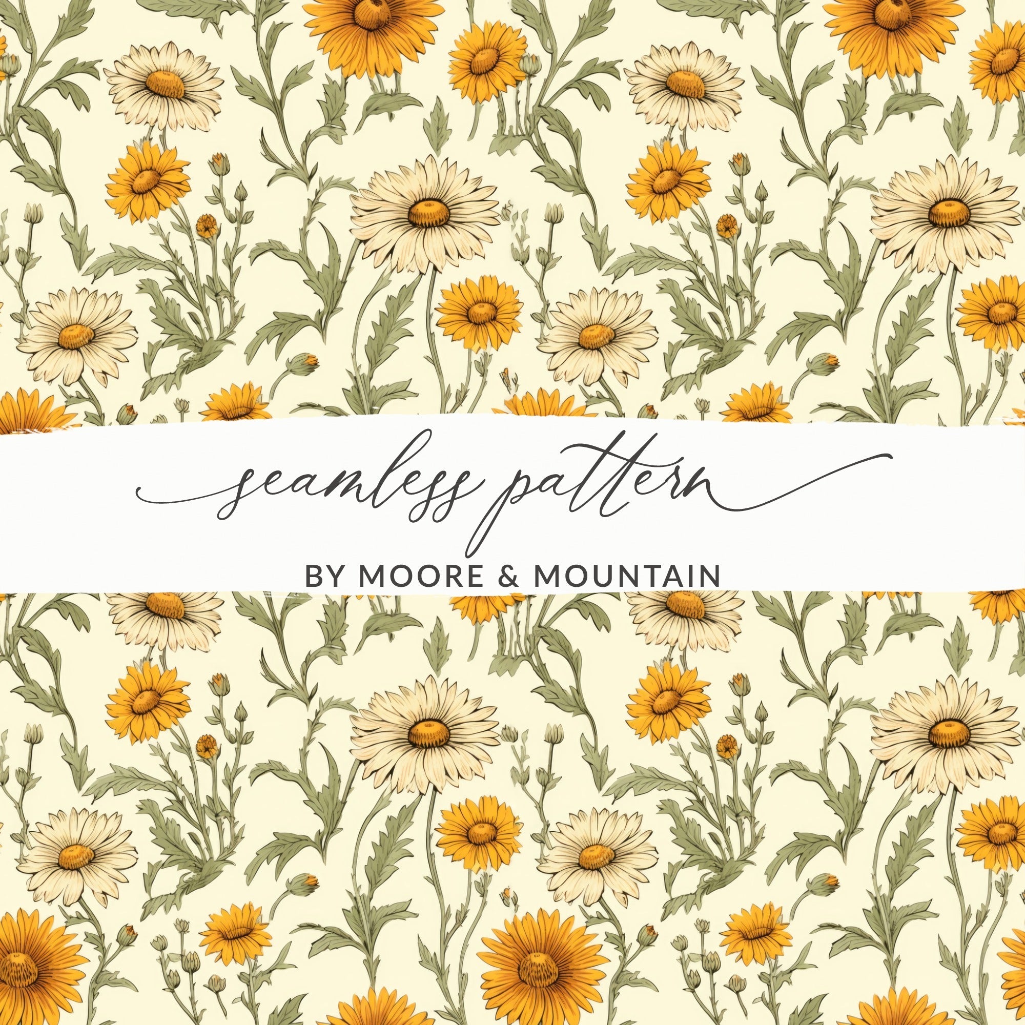 Yellow Daisy Floral Digital Paper, Spring Flowers Pattern, Cream, Botanical Print, Seamless Floral Design, Repeat Pattern, Digital Product - Moore and Mountain