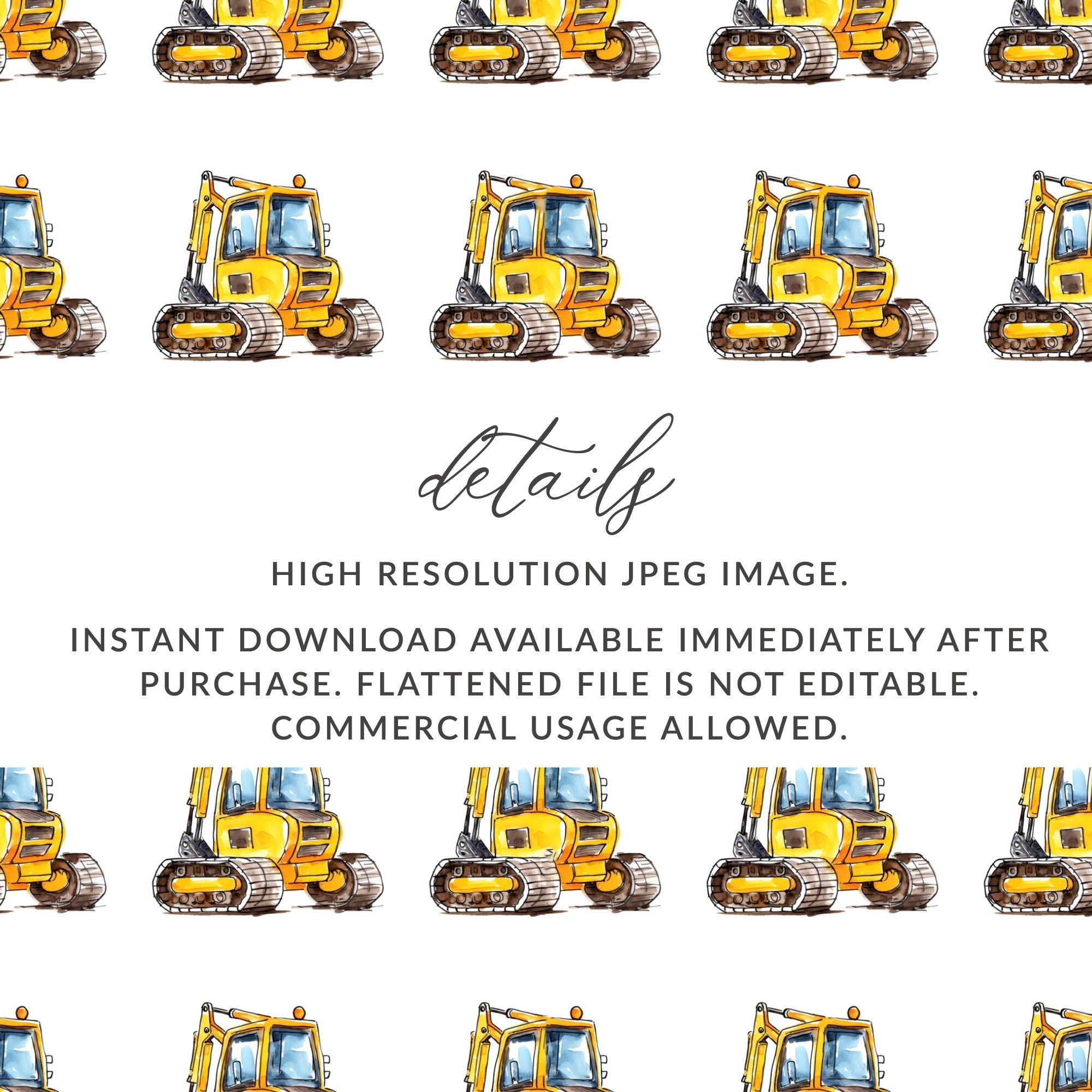 Yellow Excavator Seamless Pattern, Construction Vehicles, Digital Download, Kids Fabric, Scrapbooking Paper, Trucks, Construction Theme - Moore and Mountain