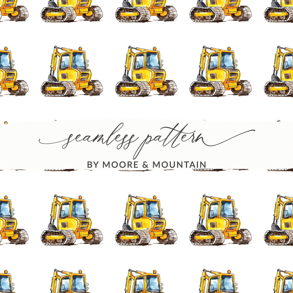 Yellow Excavator Seamless Pattern, Construction Vehicles, Digital Download, Kids Fabric, Scrapbooking Paper, Trucks, Construction Theme - Moore and Mountain