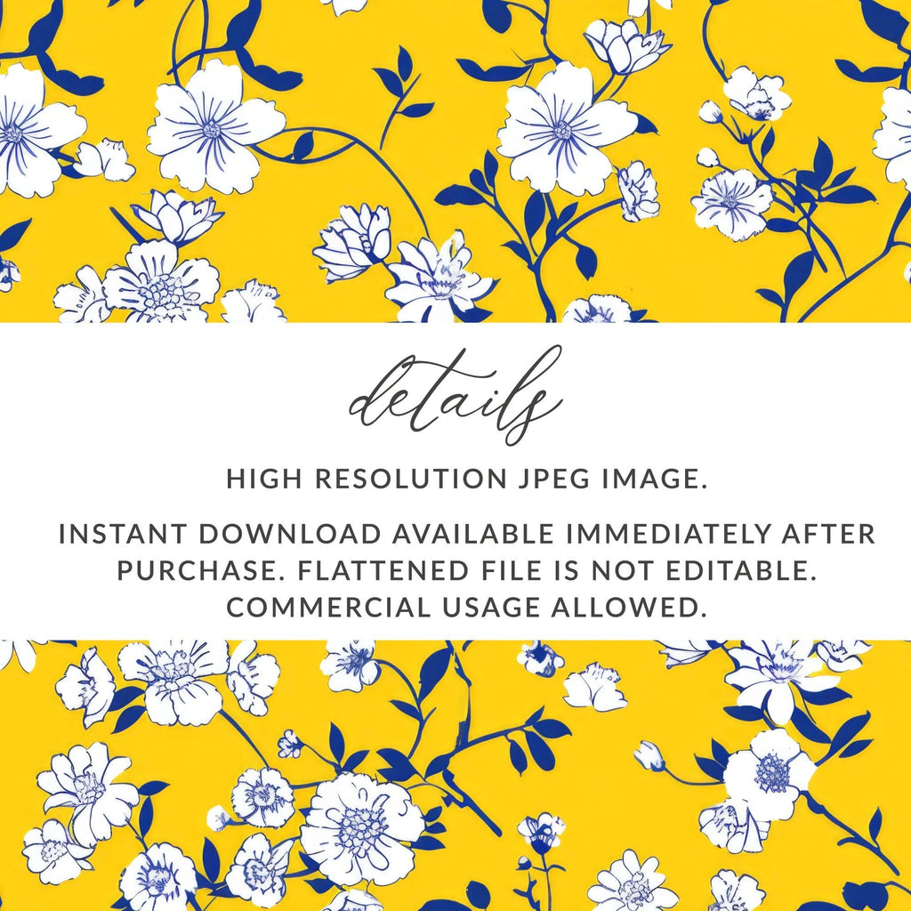 Yellow Floral Digital Paper, White Flowers, Blue Leaves Pattern, Spring, Summer, Floral Fabric Print, Seamless Pattern, Digital Download - Moore and Mountain