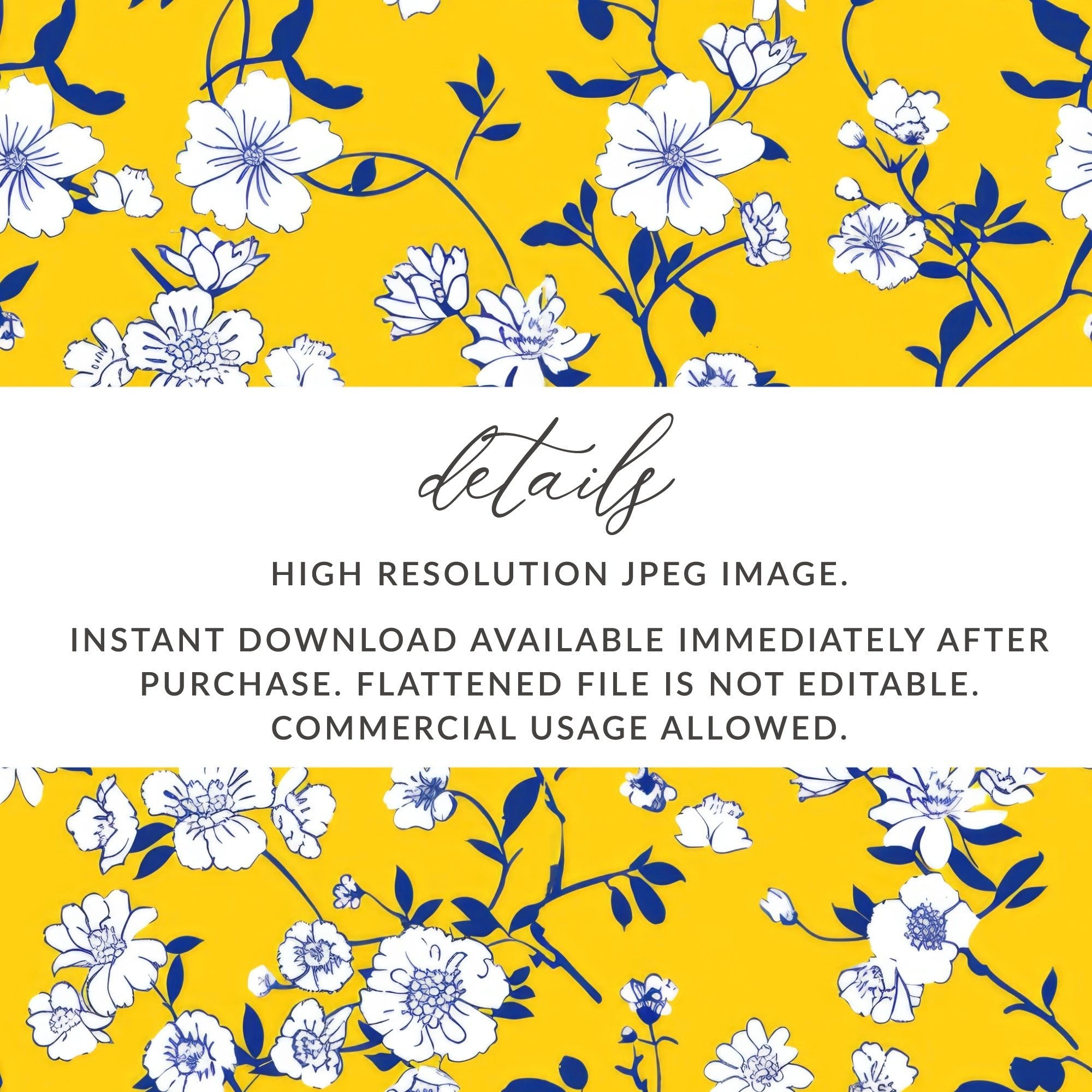 Yellow Floral Digital Paper, White Flowers, Blue Leaves Pattern, Spring, Summer, Floral Fabric Print, Seamless Pattern, Digital Download - Moore and Mountain