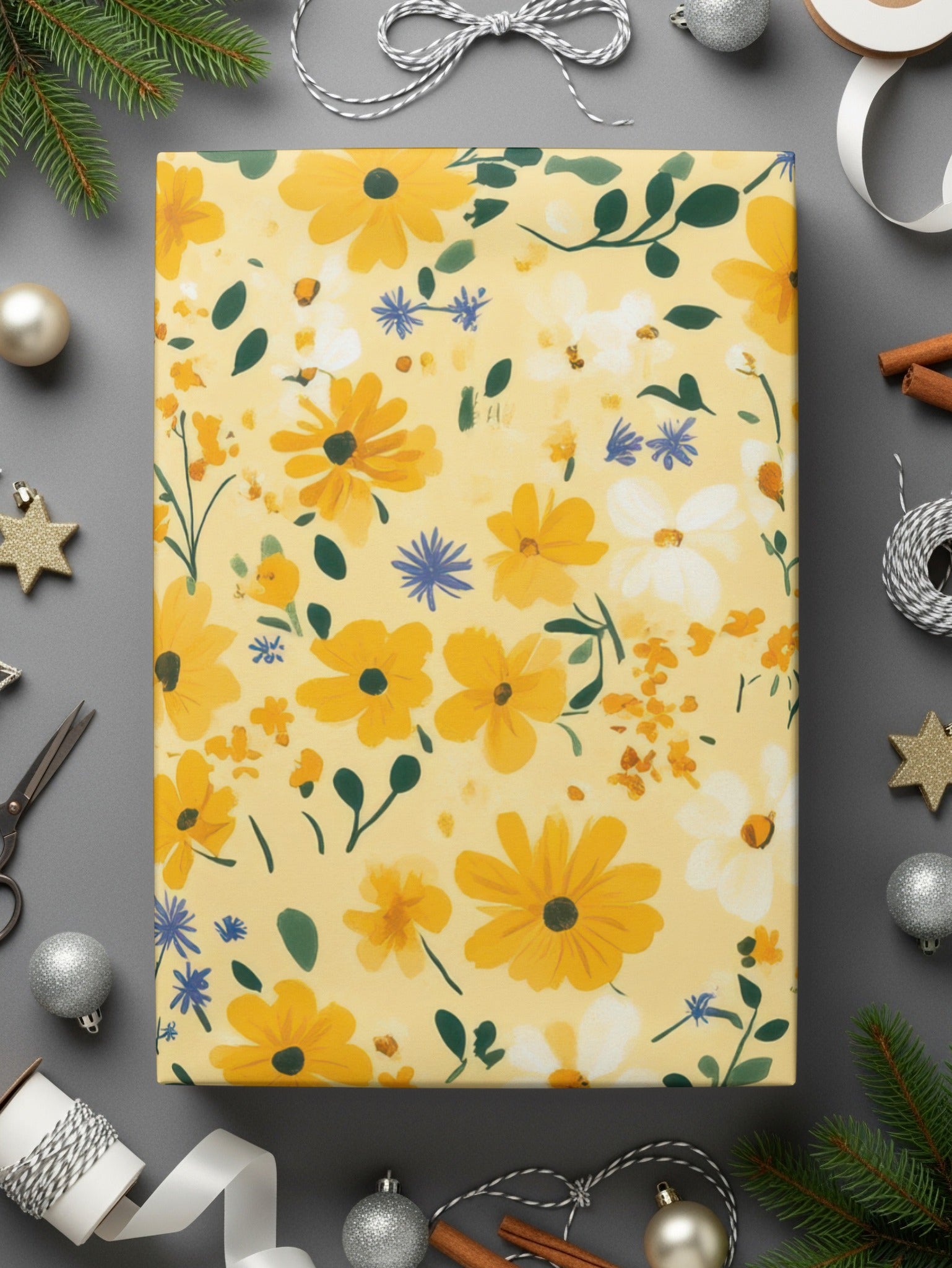 Yellow and White Floral Pattern Gift Wrap Paper