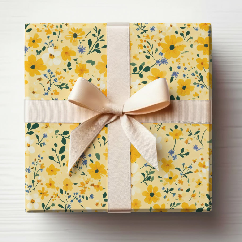 Yellow Floral Gift Wrap with Elegant Ribbon Design