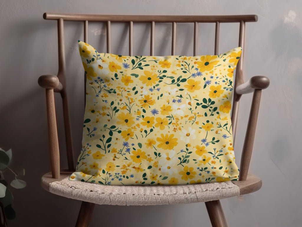 Bright Floral Patterned Cushion with Yellow Flowers Pillow