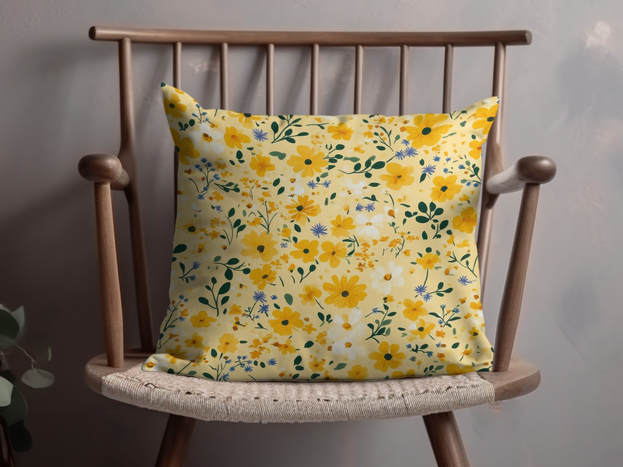 Bright Floral Patterned Cushion with Yellow Flowers Pillow