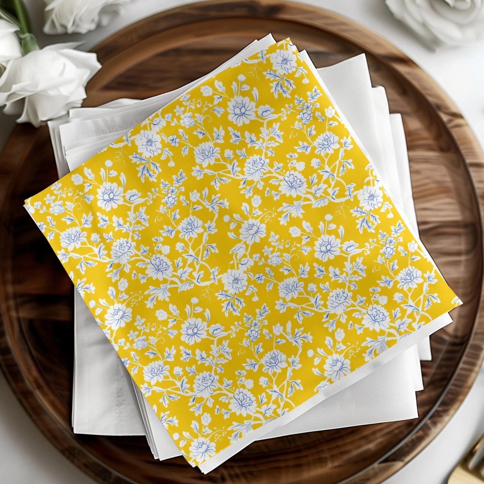 Yellow Floral Seamless Pattern Digital, Chinoiserie Design, Blue White Flowers, Repeatable Texture, Printable Scrapbook Paper, JPEG Files - Moore and Mountain