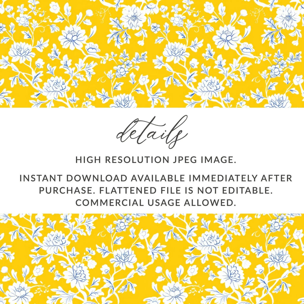 Yellow Floral Seamless Pattern Digital, Chinoiserie Design, Blue White Flowers, Repeatable Texture, Printable Scrapbook Paper, JPEG Files - Moore and Mountain