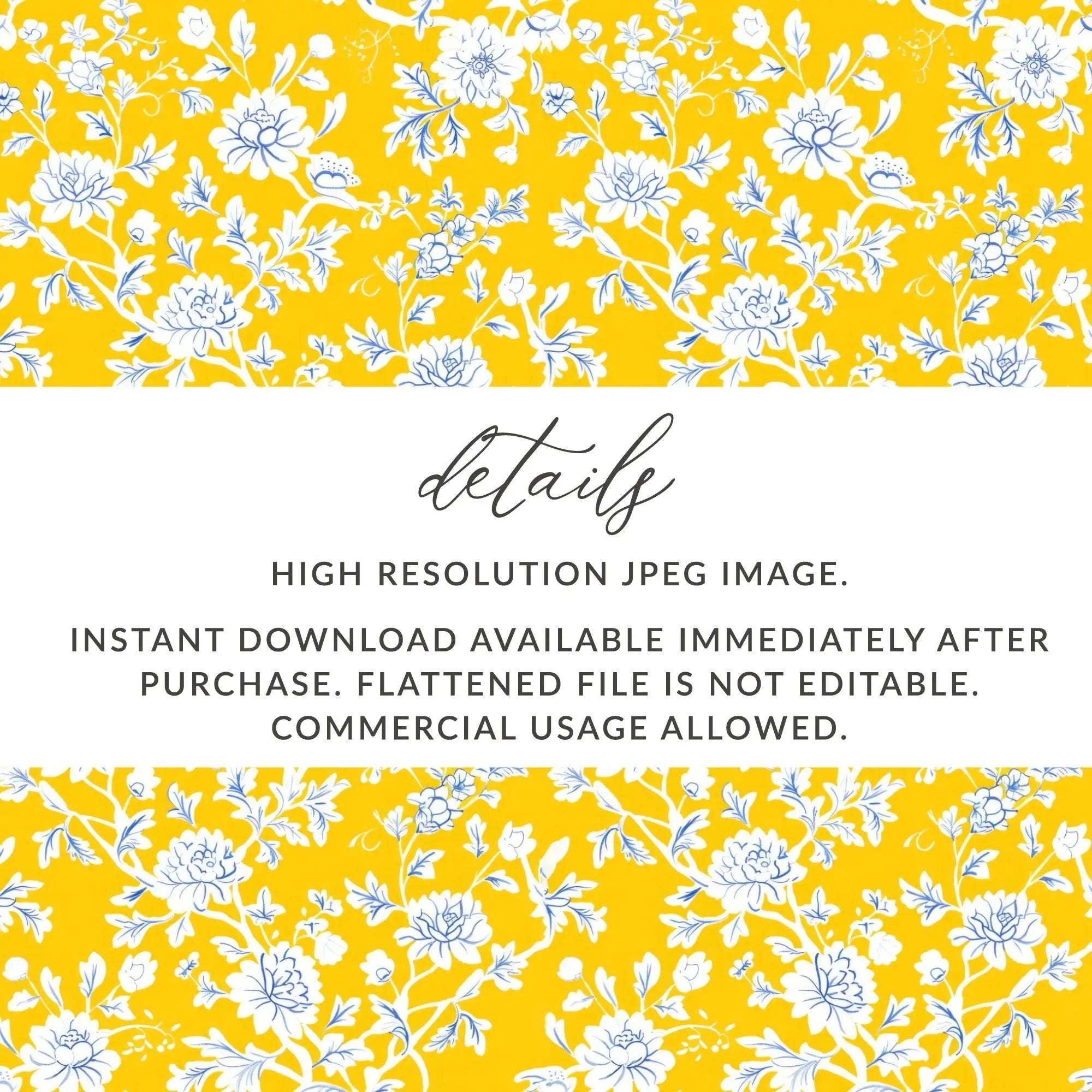 Yellow Floral Seamless Pattern Digital, Chinoiserie Design, Blue White Flowers, Repeatable Texture, Printable Scrapbook Paper, JPEG Files - Moore and Mountain