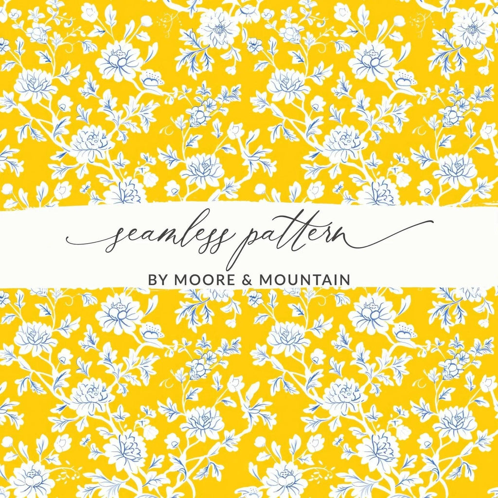 Yellow Floral Seamless Pattern Digital, Chinoiserie Design, Blue White Flowers, Repeatable Texture, Printable Scrapbook Paper, JPEG Files - Moore and Mountain