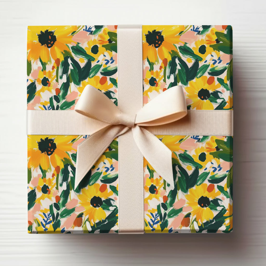 Sunflower Themed Gift Wrap with Beige Bow Package