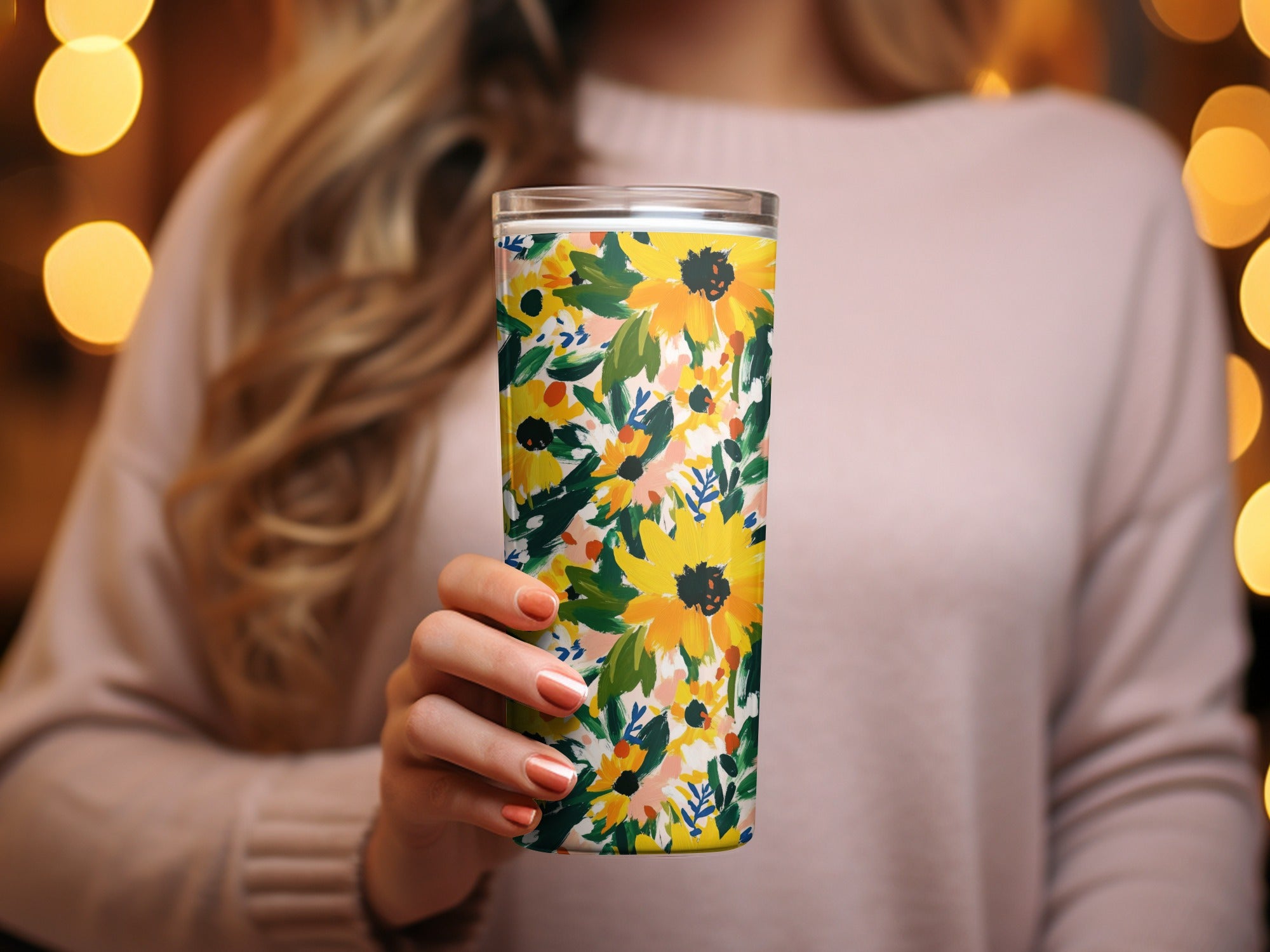 Bright Yellow Floral Design Tumbler With Sunflower Motif
