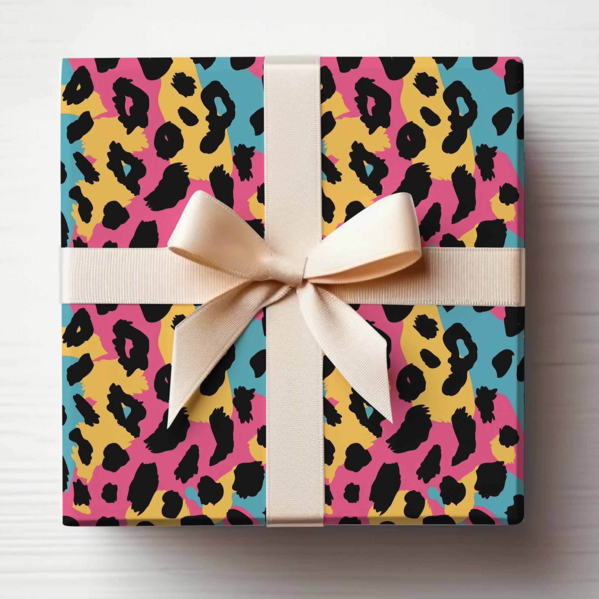 Vibrant Leopard Print Gift Wrap with Cream Ribbon