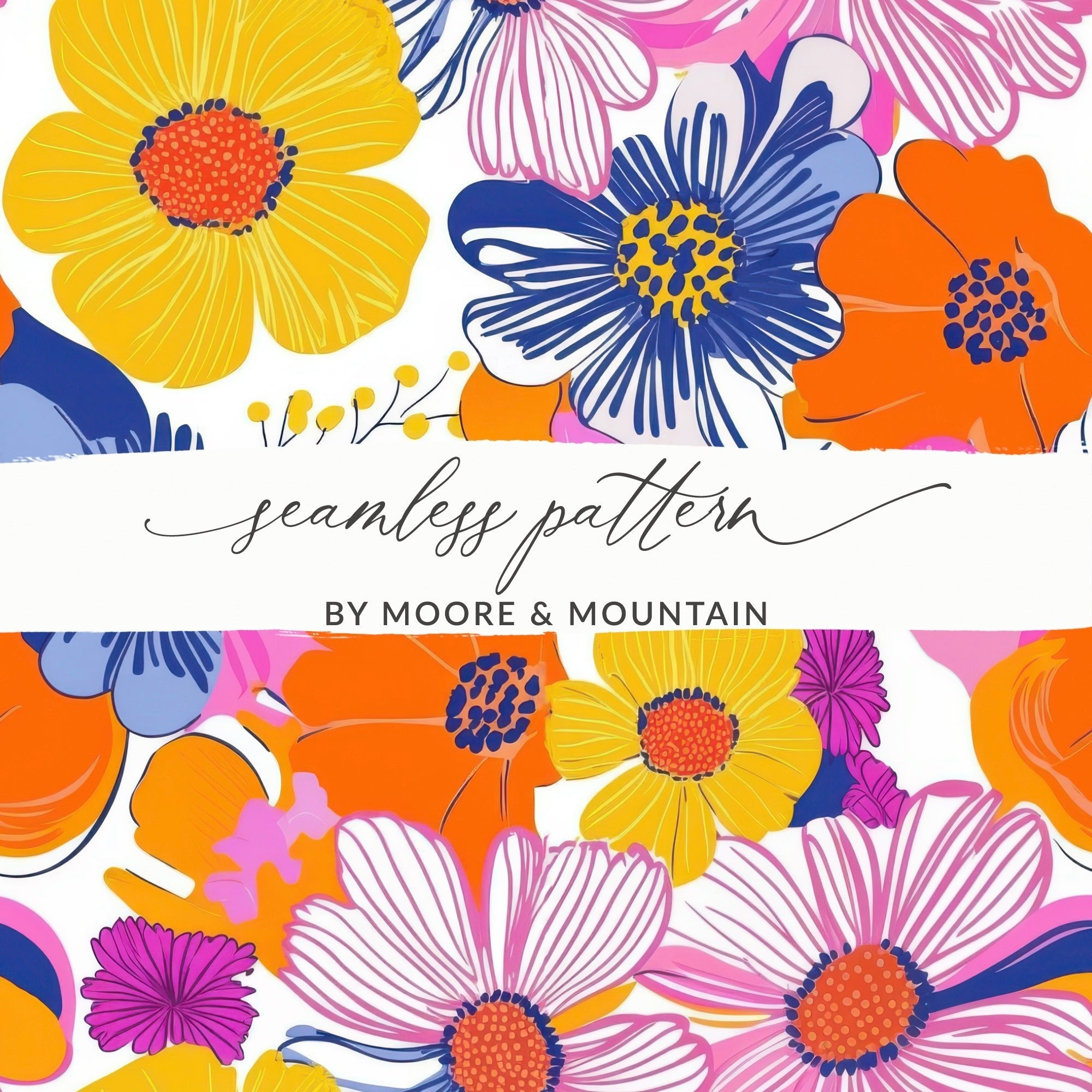 Yellow Preppy Groovy Floral Background, 60s floral pattern Digital Paper, Retro Flower Illustration, Colorful Seamless Pattern Download - Moore and Mountain