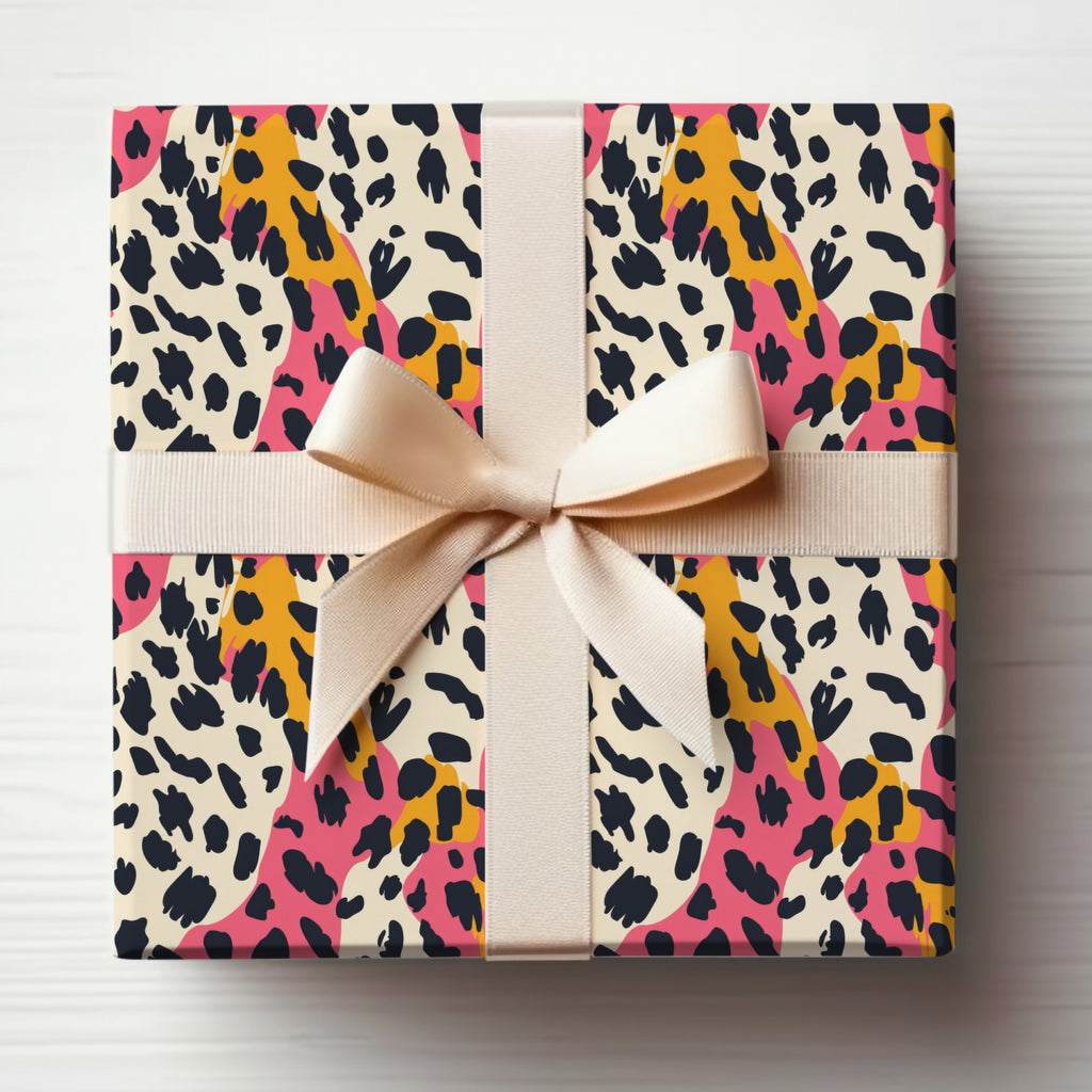 Vibrant Leopard Print Gift Wrap with Beige Ribbon Package