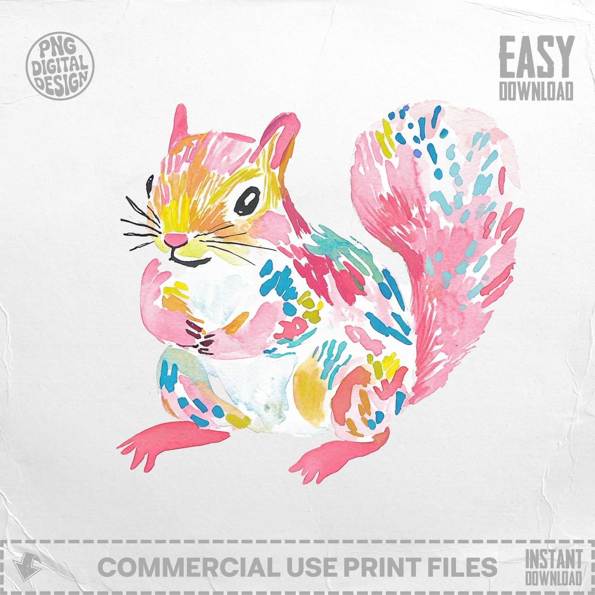 Watercolor squirrel illustration with colorful splashes and "Easy Download" text.